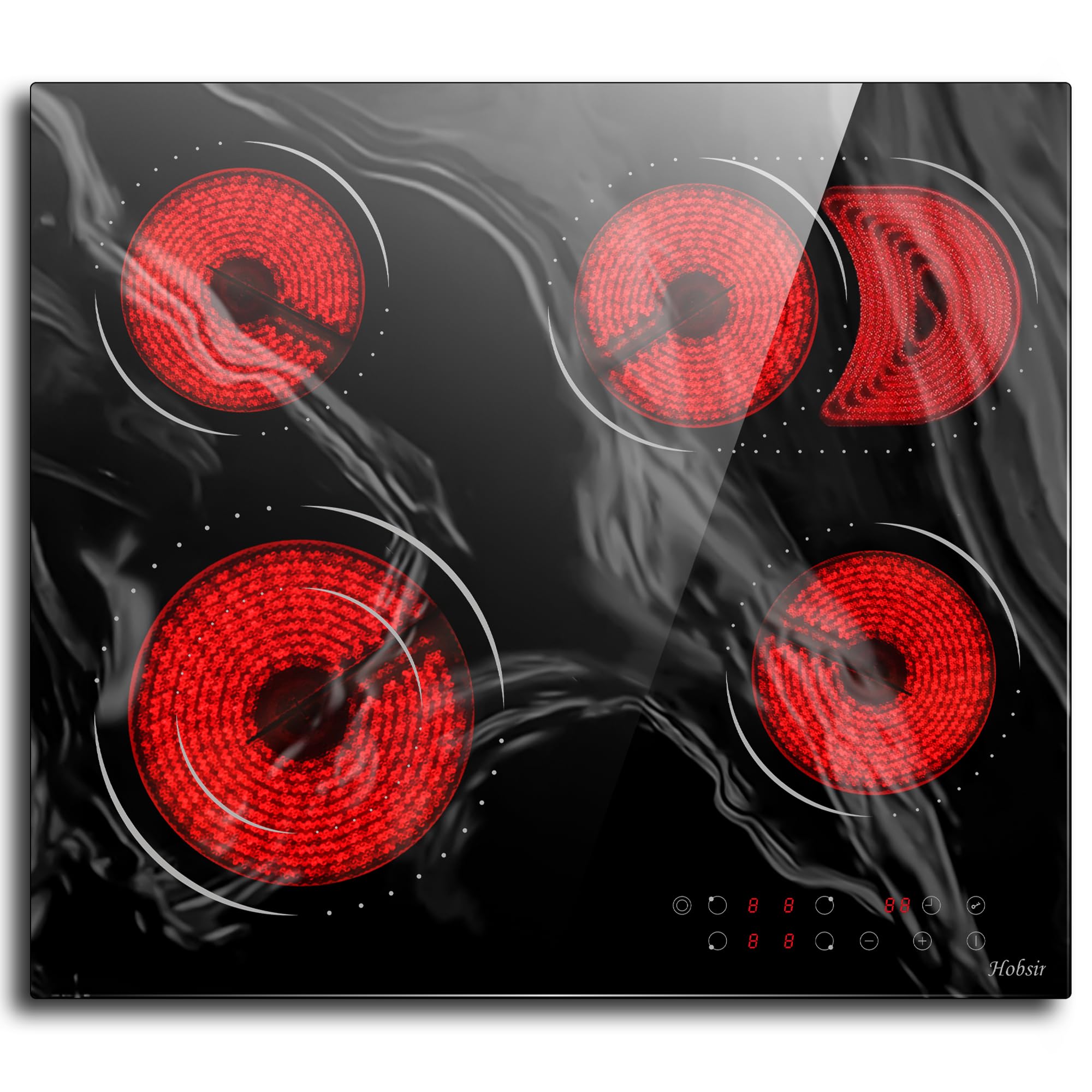 Hobsir hobGlass ceramic hob, 4 plates, self-containing, 60 cm hob, sensor touch control, 6600 W, double zone, oval zone, 9 settings, child protection, timer, no plug, LH09