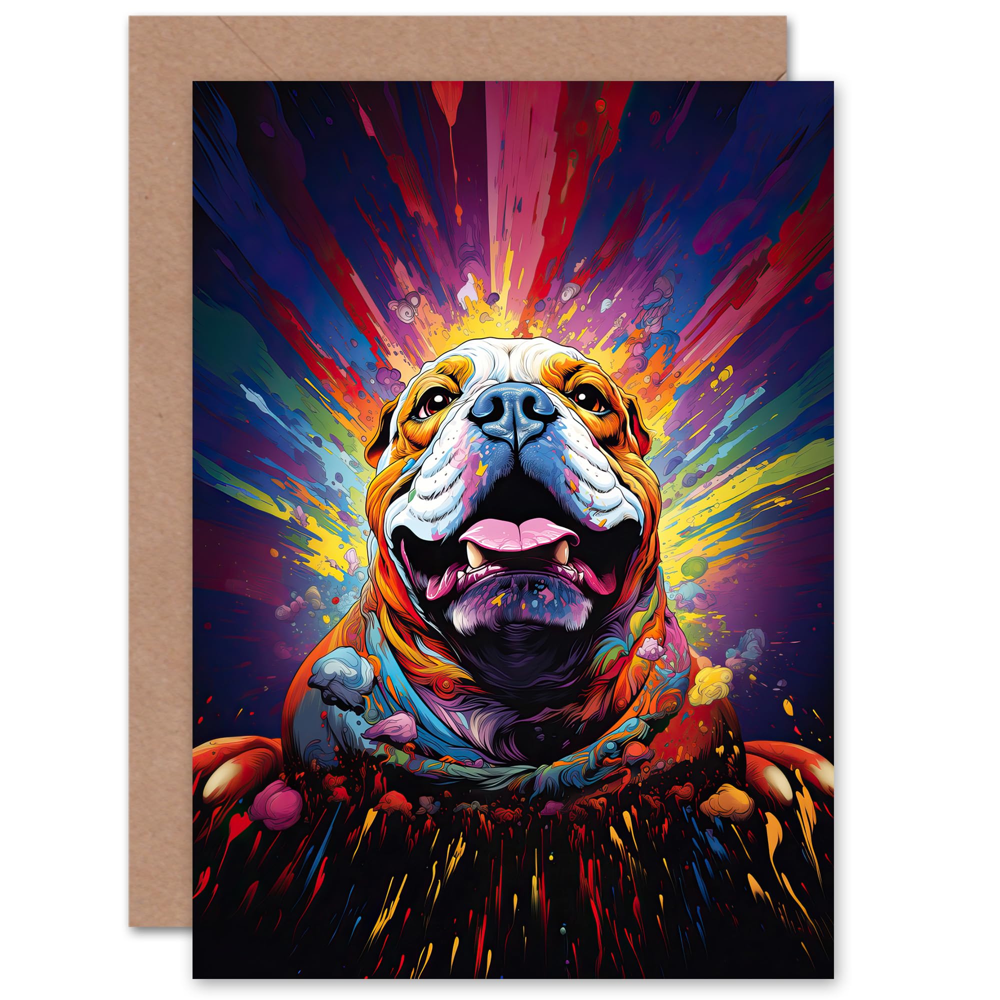 Artery8 Bulldog Dog Lover Gift Pet Portrait Colourful Artwork Painting Sealed Greeting Card Plus Envelope Blank inside