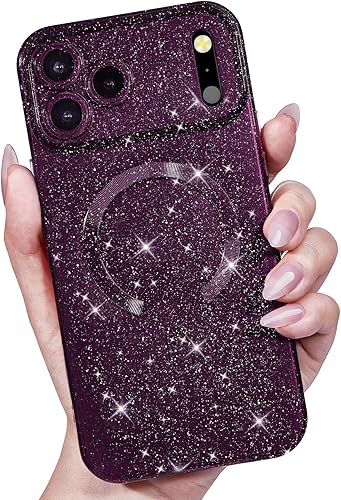 Miniatura 14 de Funda para iPhone 15 Pro con purpurina compatible con Magsafe, funda magnética Mag Safe para teléfono femenina, linda, brillante y bonita para Rosa