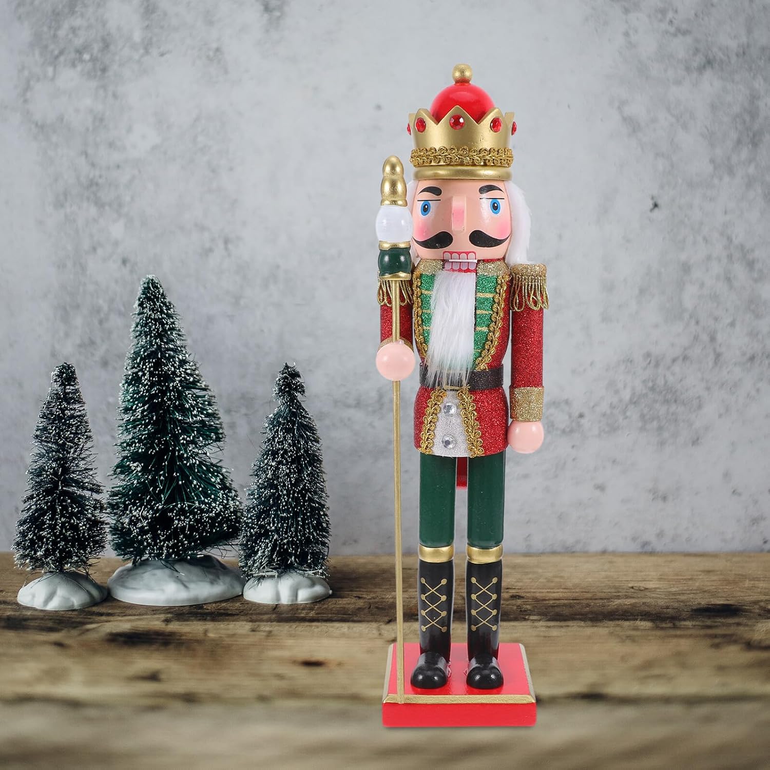 38cm Pink Glitter Nutcracker Figurine Christmas Decoration, Wooden Holiday Nutcracker Ornament with Green Base, Festive Desktop Xmas Mantel Centerpiece for Indoor Winter Decor