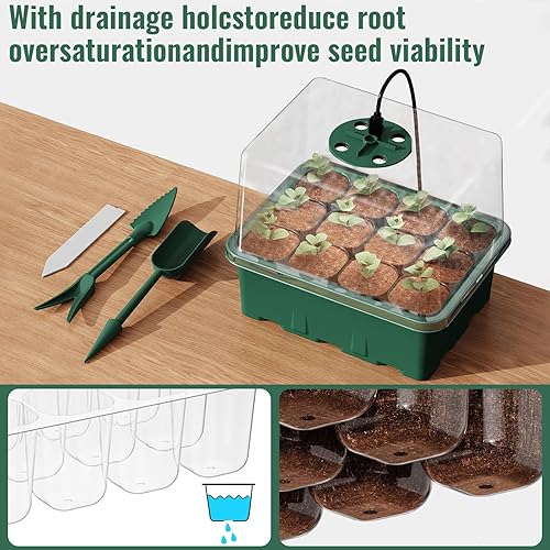 Miniatura 3 de NBPLUS Bandeja de inicio de semillas con luz de crecimiento, paquete de 5 60 celdas kit de inicio de semillas con cúpula de humedad y base, bandejas