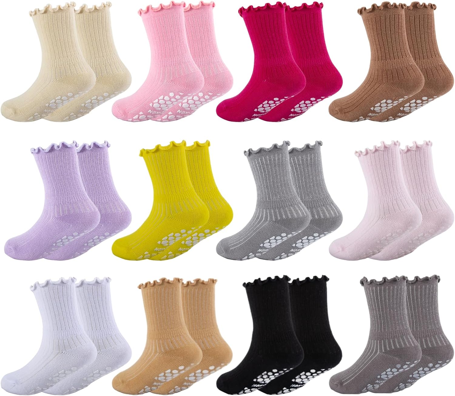 Baby Girls Toddlers Ruffle Grip Socks Kids Non Slip Cute Frilly Cotton Crew Socks Uniform School Dress Sock 12Pairs