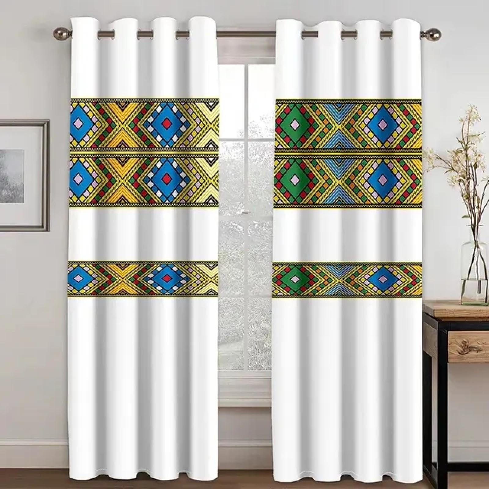 ZDLLDZ Ethiopian Style Gold Stripe Curtains Bohemian Home Living Room Bedroom Decor Blackout Curtains 140x185cm/55x73in (WxH) x2