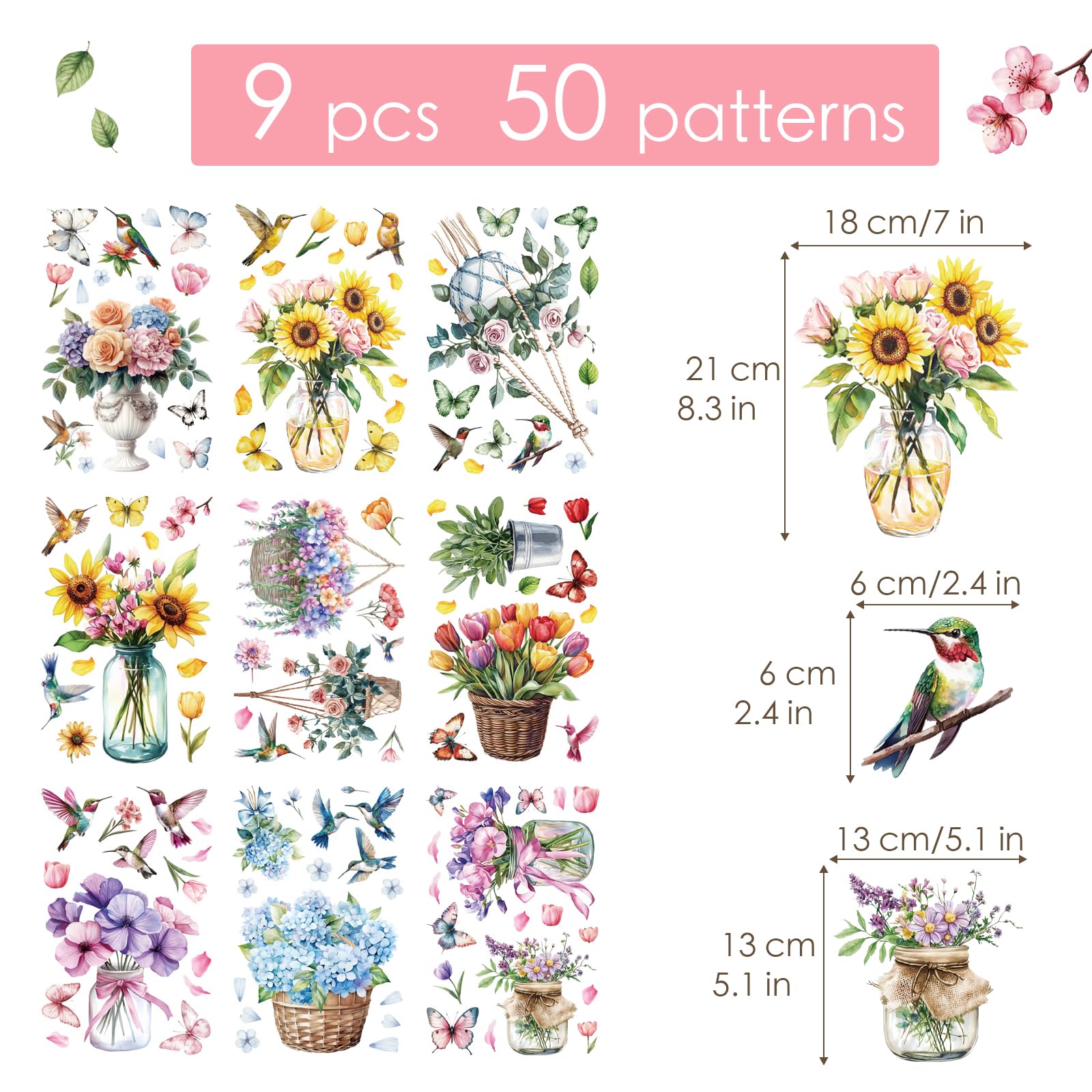 BETESSIN Window Stickers Spring Self-Adhesive - 9 Sheets Flowers Window Stickers with Potted Plant Motif - Spring Decoration Window - Static Adhesive Window Stickers - Window Decoration for Spring,