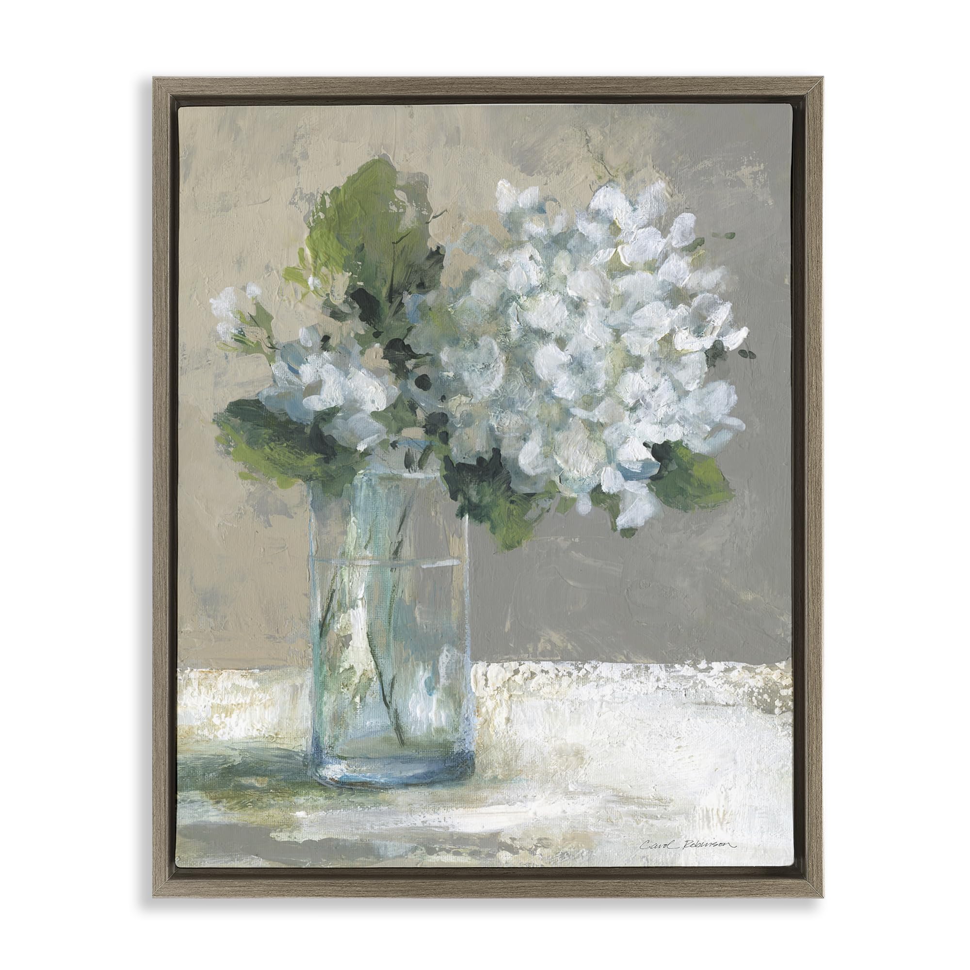 Stupell Industries Montalcino Elm (Textured) White Hydrangeas In Glass Floral, 24 X 30 Inch Canvas In Floater Frame