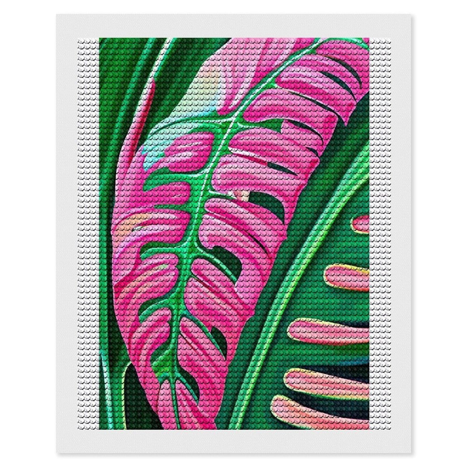 Junmoney Pink Monstera Leaf Diamond Painting Canvas Set 16"x20", for Adults, Bedroom Decor, Good for Quiet Evenings, Festive Craft Gift