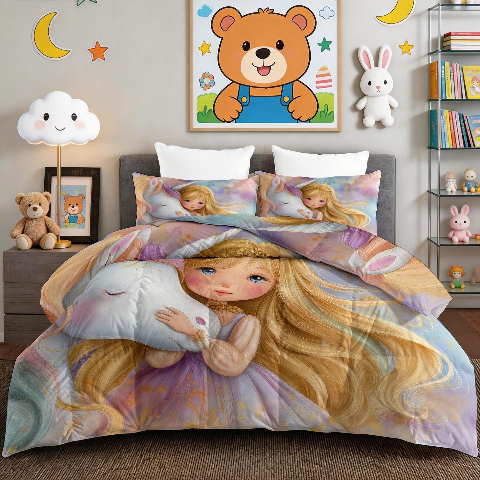 Jednorożec blond kołdra pojedyncza dla małej dziewczynki, dwustronna, kreskówkowa, bez poszewki, zestaw pościeli 135 x 200 cm, antyalergiczna kołdra 7,5 Tog, na wszystkie pory roku, 1 miękka pościel z