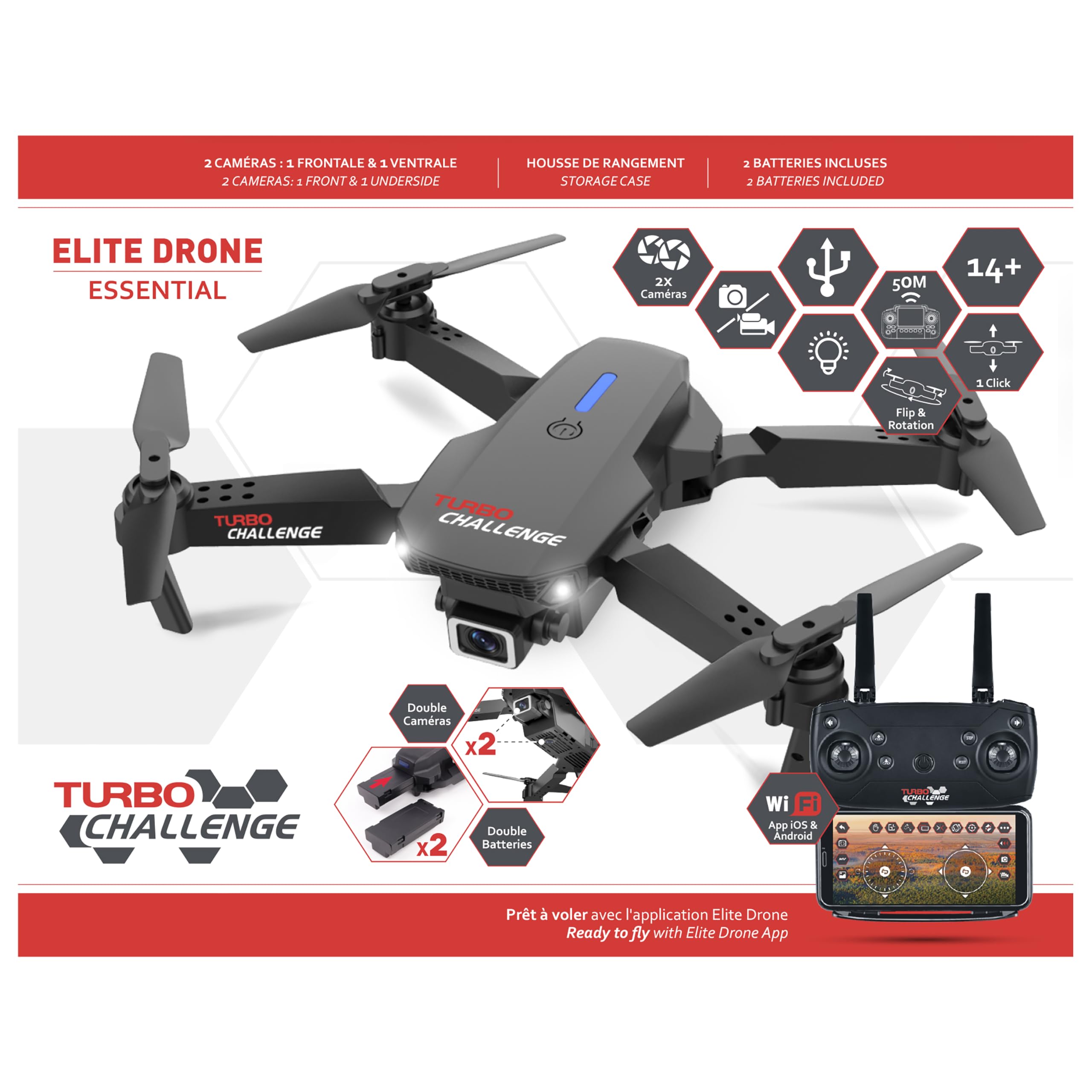 TURBO CHALLENGE - Drone - Cuadricóptero - 400350 - Dispositivo Volador - Negro - 2 Baterías Recargables y Pilas Incluidas - Regalo - Cumpleaños - Video - Foto - Controlado por Radio - Desde 14 años