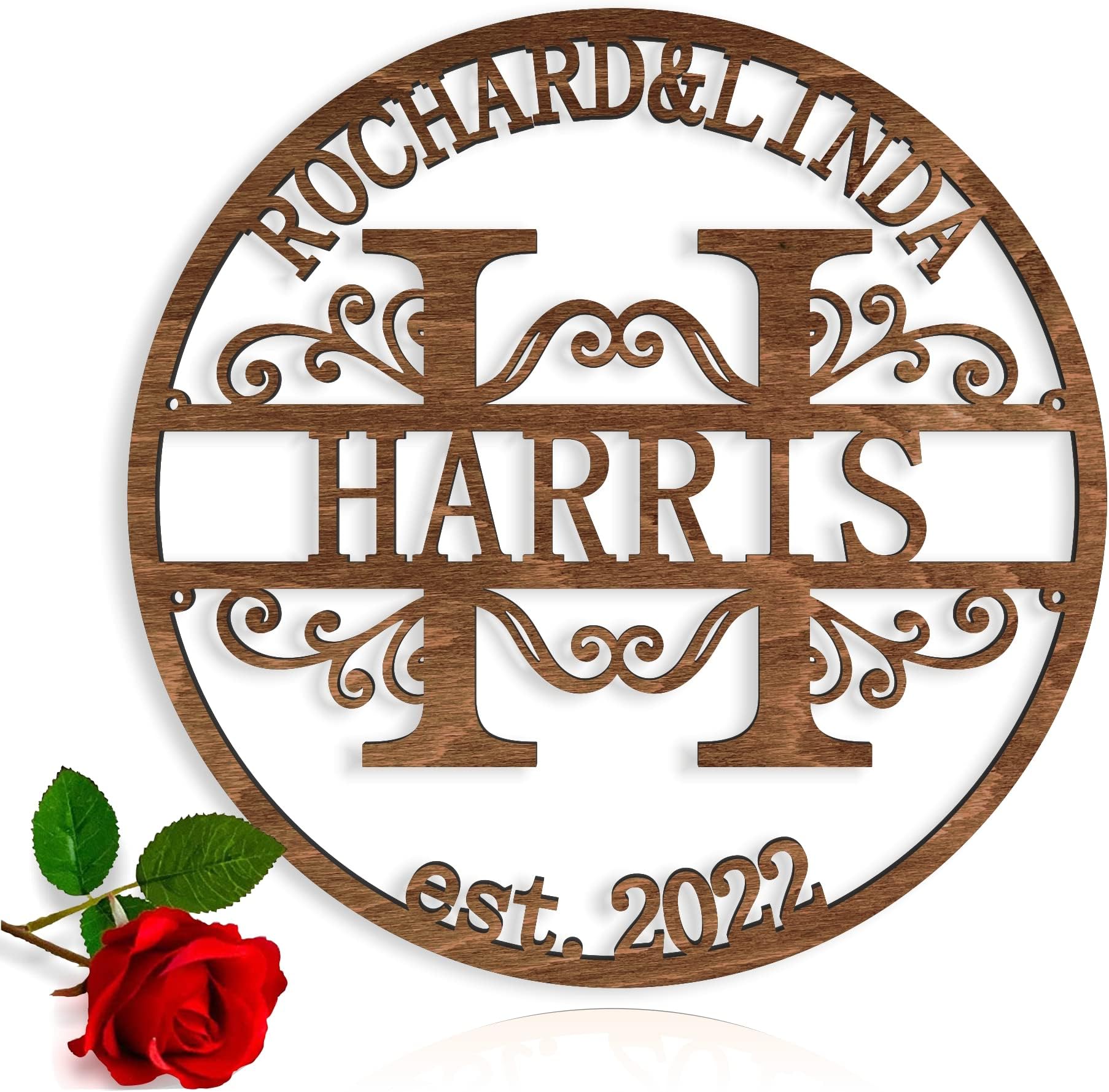 Custom Wood Family Last Name Sign Wooden Wedding Gift Initial Split Letter Laser Cut First Names Est Year Established Date Personalized Monogram Home Decor Front Door Hanger Wreath Housewarming Gift