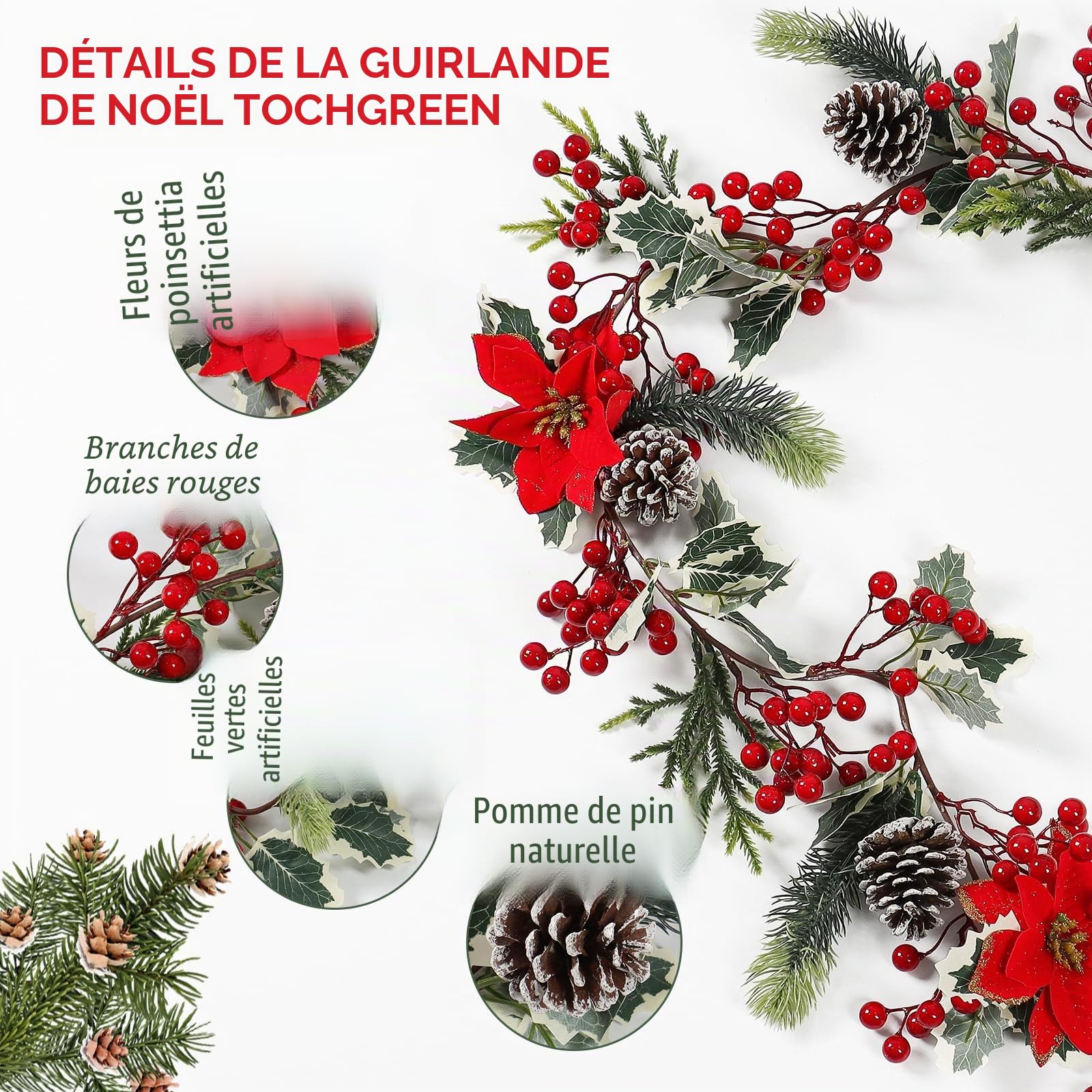 Lot de 2 guirlandes de Baies artificielles avec Feuilles Vertes - Guirlandes de Noël avec Baies Rouges - Guirlande de Sapin - Guirlande de Baies Rouges pour Mariage, cheminée