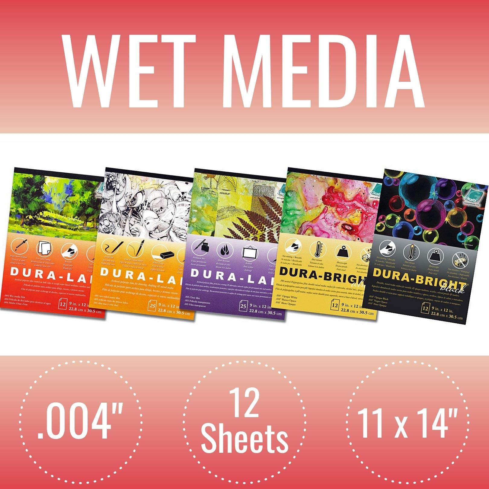 Grafix Dura-Lar Película de 0.000 pulgadas, medios húmedos ultra transparentes de 11 x 14 pulgadas, película de plástico recubierta para aceptar medios a base de agua. Ideal para acuarela, composición