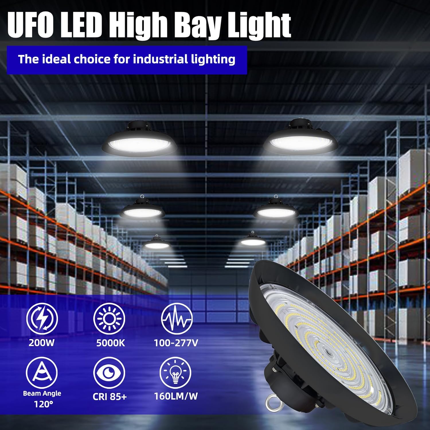10 Pack UFO LED High Bay Lights 200W 30000LM, 5000K High Bay Led Shop Lights with Hanging Hook, 0-10V Dimmable, AC100-277V Ultra Bright High Bay Led Shop Warehouse Lighting for Factory Gym Garage