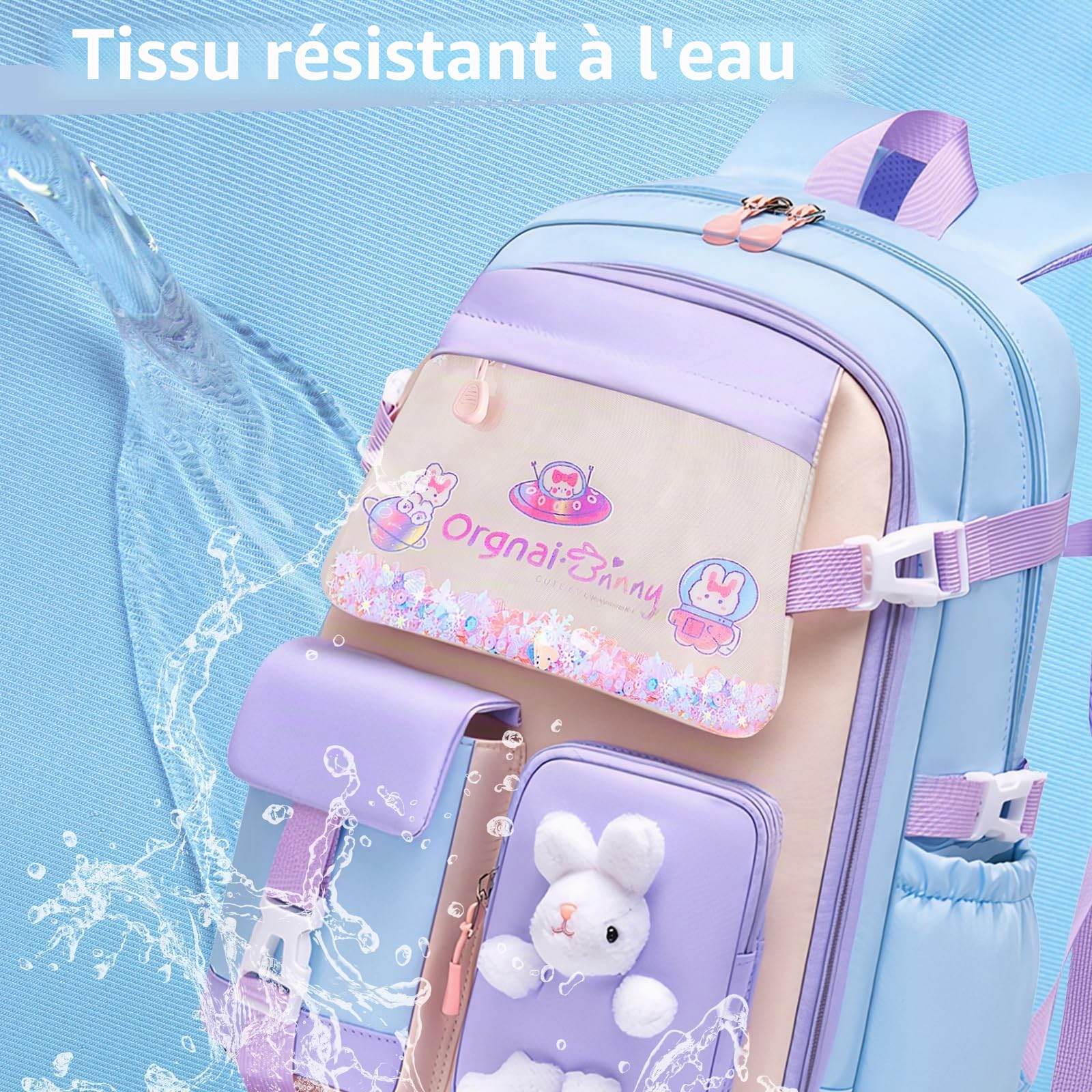 Tanou Sac d'école Fille Primaire, Cartable Scolaire Kawaii en 3 Pièces | Léger et Confortable Sac à Dos Fille avec Sac repas et Trousses, CE1 au CM2, Bleu