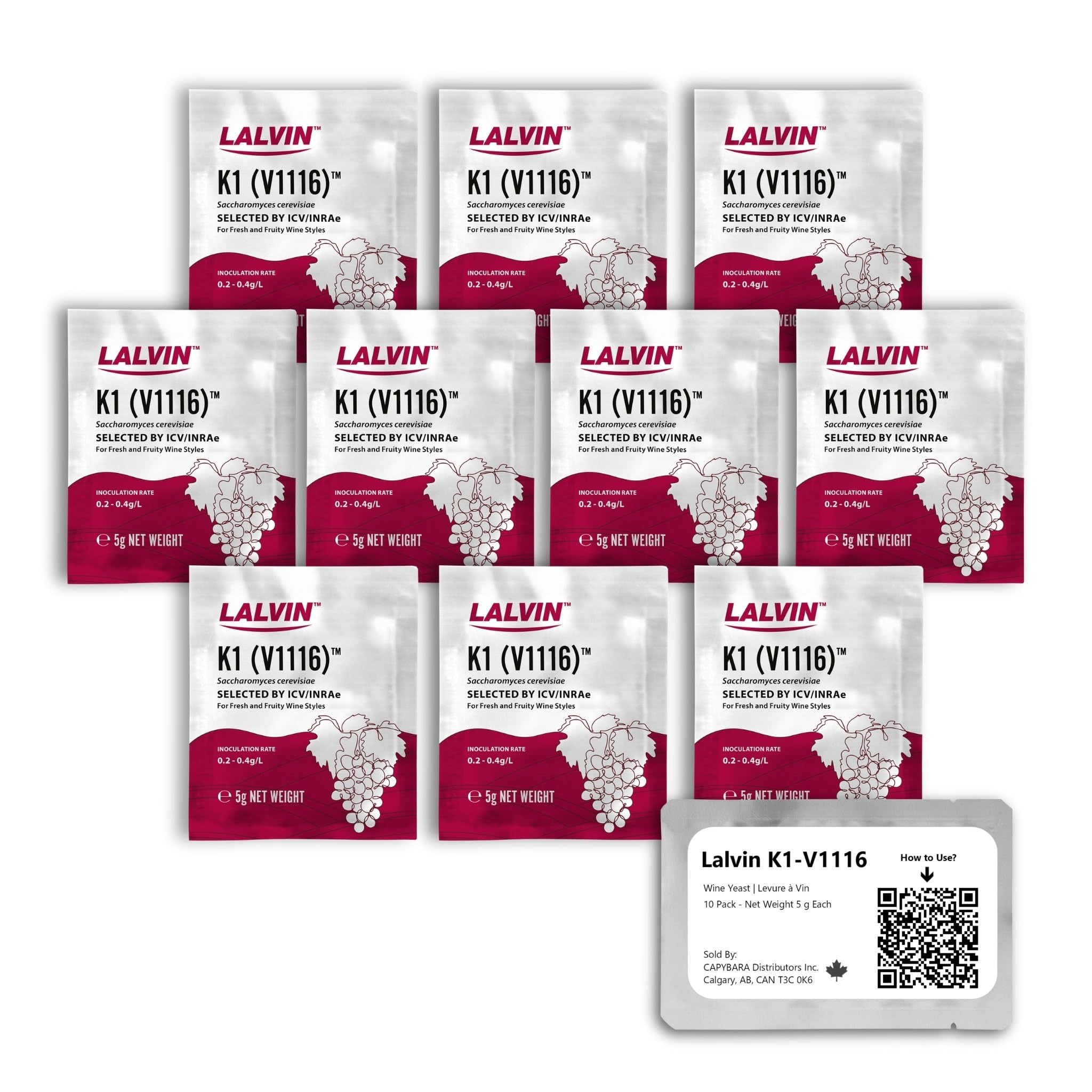 Lalvin K1-V1116 Wine Yeast (10 Pack) - Make Wine Cider Mead Kombucha At Home - 5 g Sachets - Saccharomyces cerevisiae - Sold by CAPYBARA Distributors Inc.