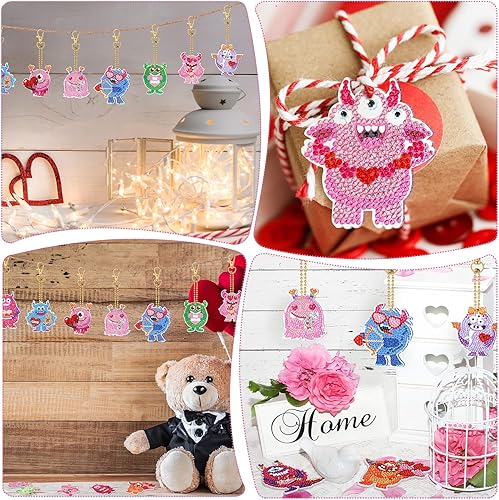 Miniatura 7 de Queekay 15 llaveros de pintura de diamantes para el día de San Valentín, adornos de pintura de diamantes de corazón 5D, llaveros de arte de