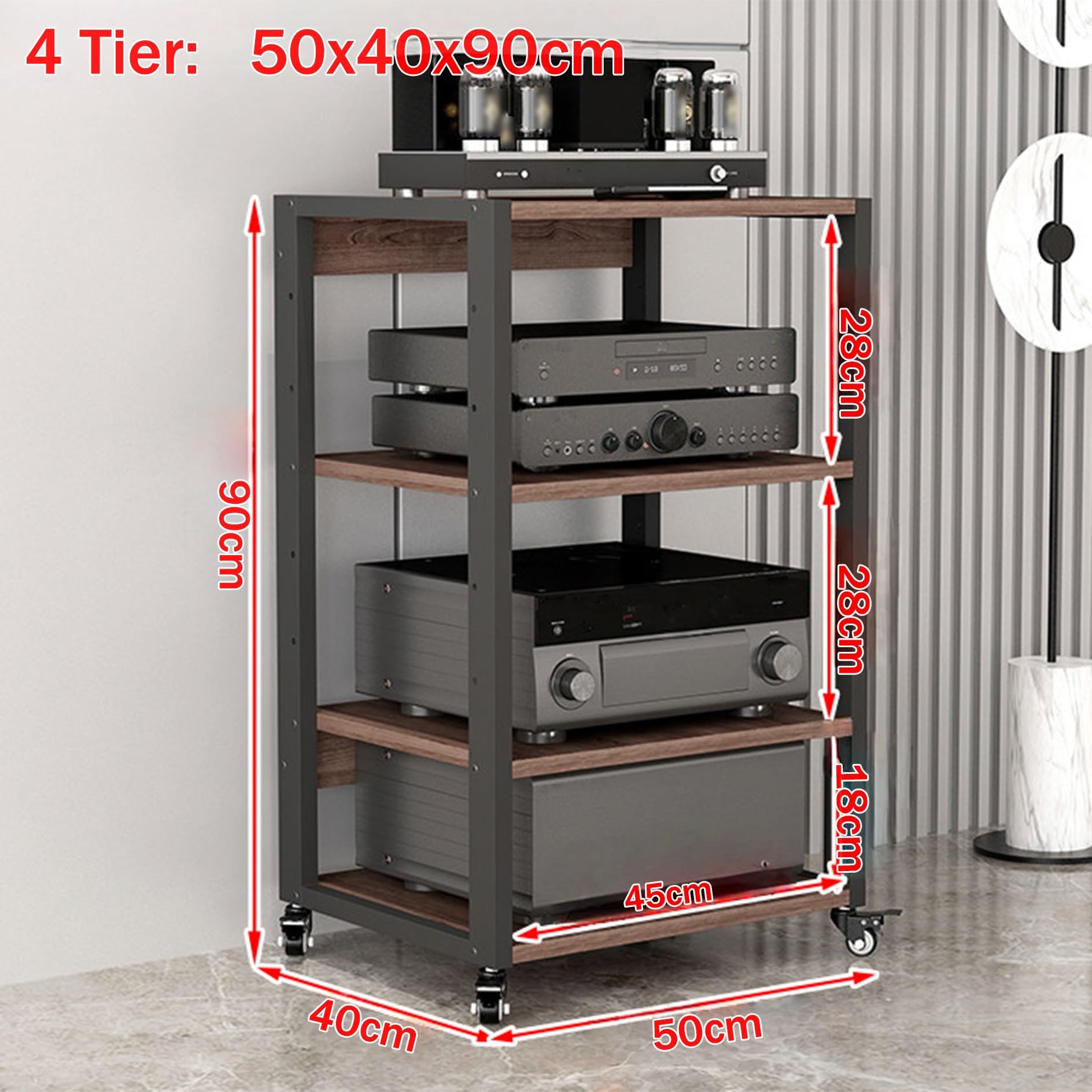 Stojak HiFi z kółkami, 4-poziomowa drewniana szafka AV, do gramofonu i konsoli do gier, regulowane półki, stojak na drukarkę, stylowa wieża do przechowywania (50 x 40 x 90 cm)