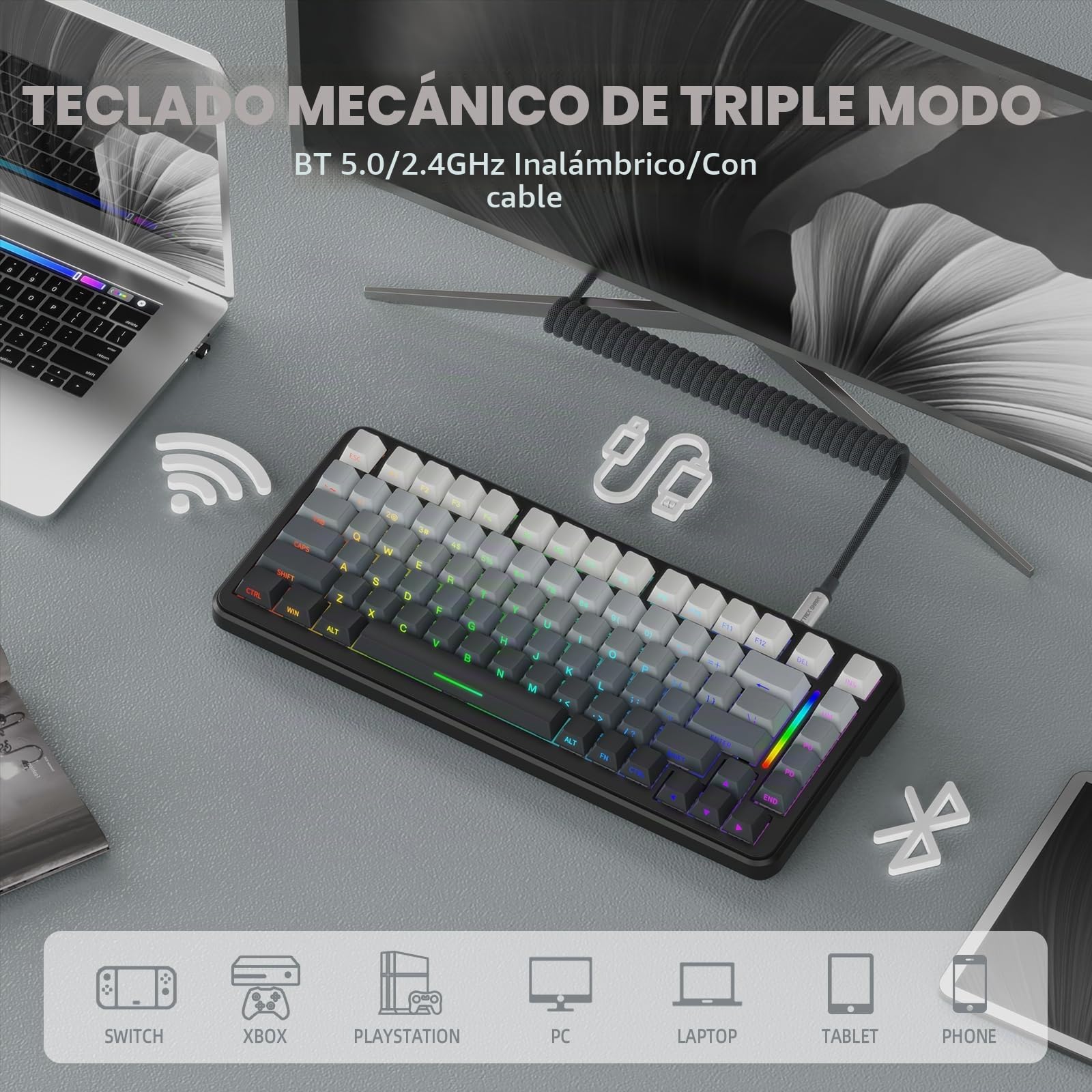 LexonElec X Attack Shark M86 Pro Teclado mecánico inalámbrico, BT/2.4G/con Cable, 4000 mAh, Hot-swappable, Interruptor Lineal, QWERTY, Teclado para Juegos RGB y Cable en Espiral. (Negro Degradado)