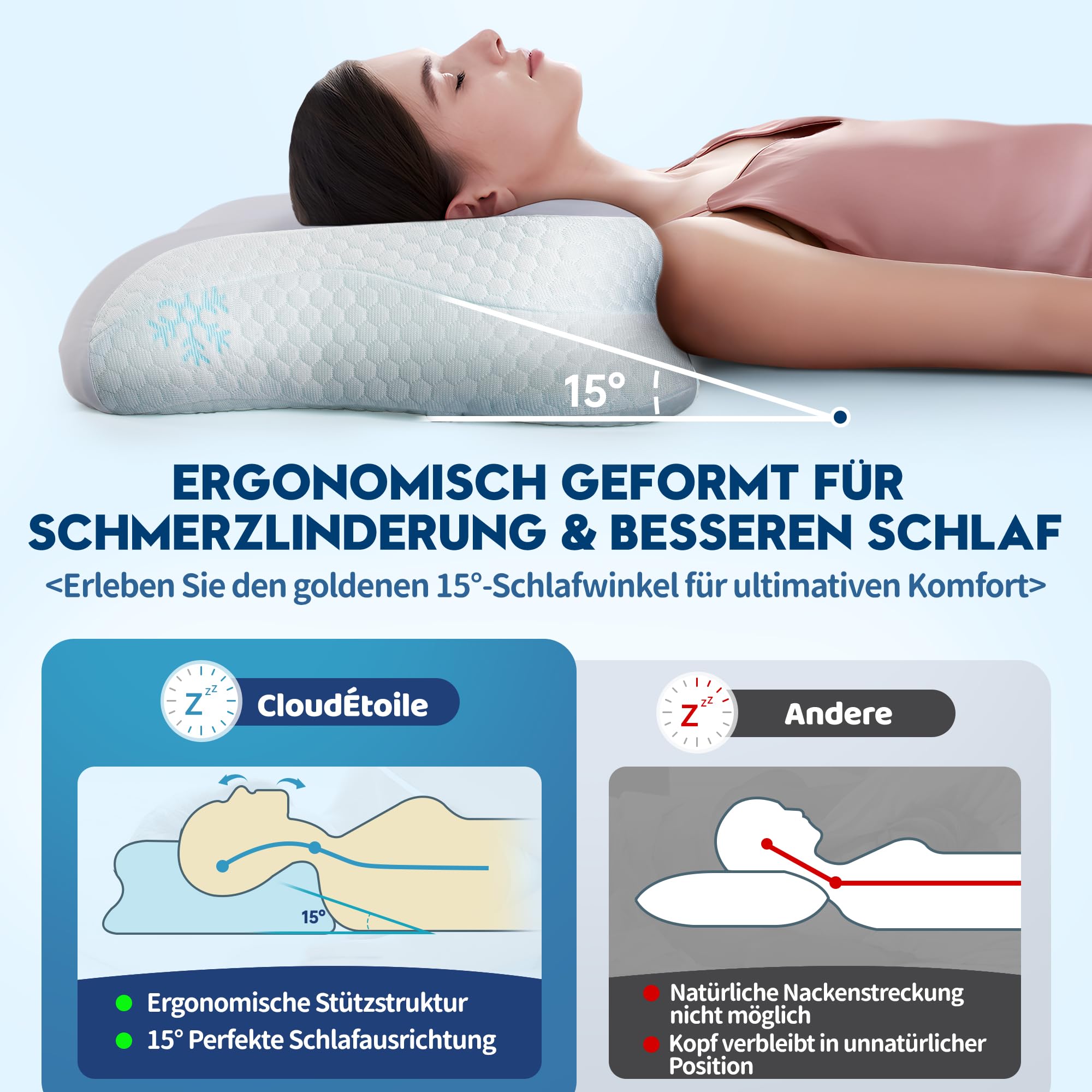 Kopfkissen Memory Foam Kissen ‑ 2‑in‑1 Nackenkissen Kopfkissen Memory Schaum Seitenschläferkissen, Komfort Kissen Viscoschaum für Seiten Rücken Bauchschläfer