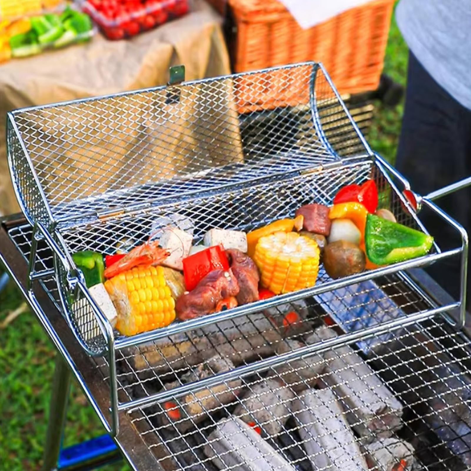 Tubo de rejilla para barbacoa de acero inoxidable - Accesorios resistentes para cestas de parrilla para cocinar al aire libre. Ideal para asar alitas de pollo y como herramienta portátil para barbaco