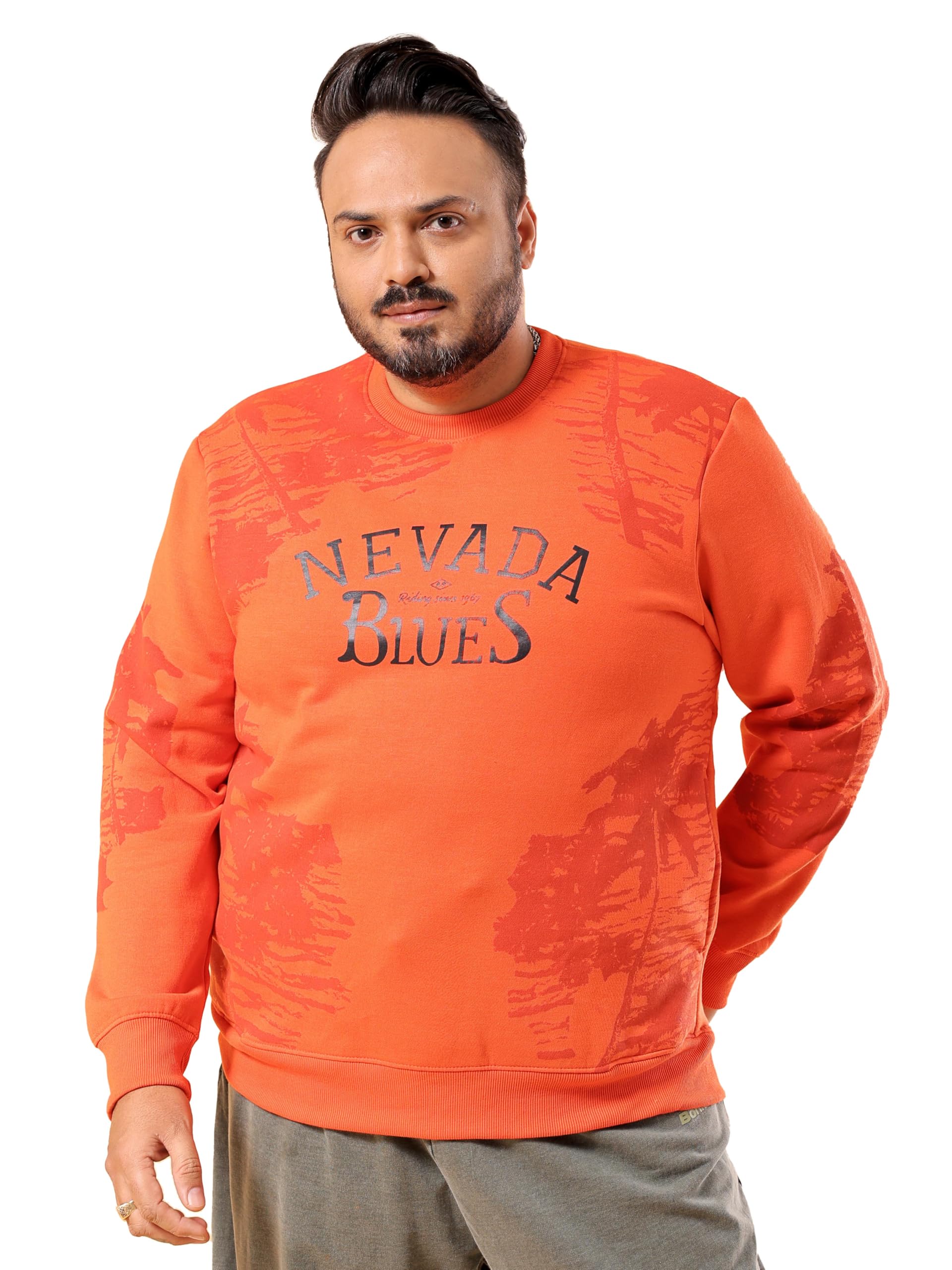 Men Orange Plus Size Graphic Print Crew Neck Pull On Sweatshirt (Orange_6XL)-image-1