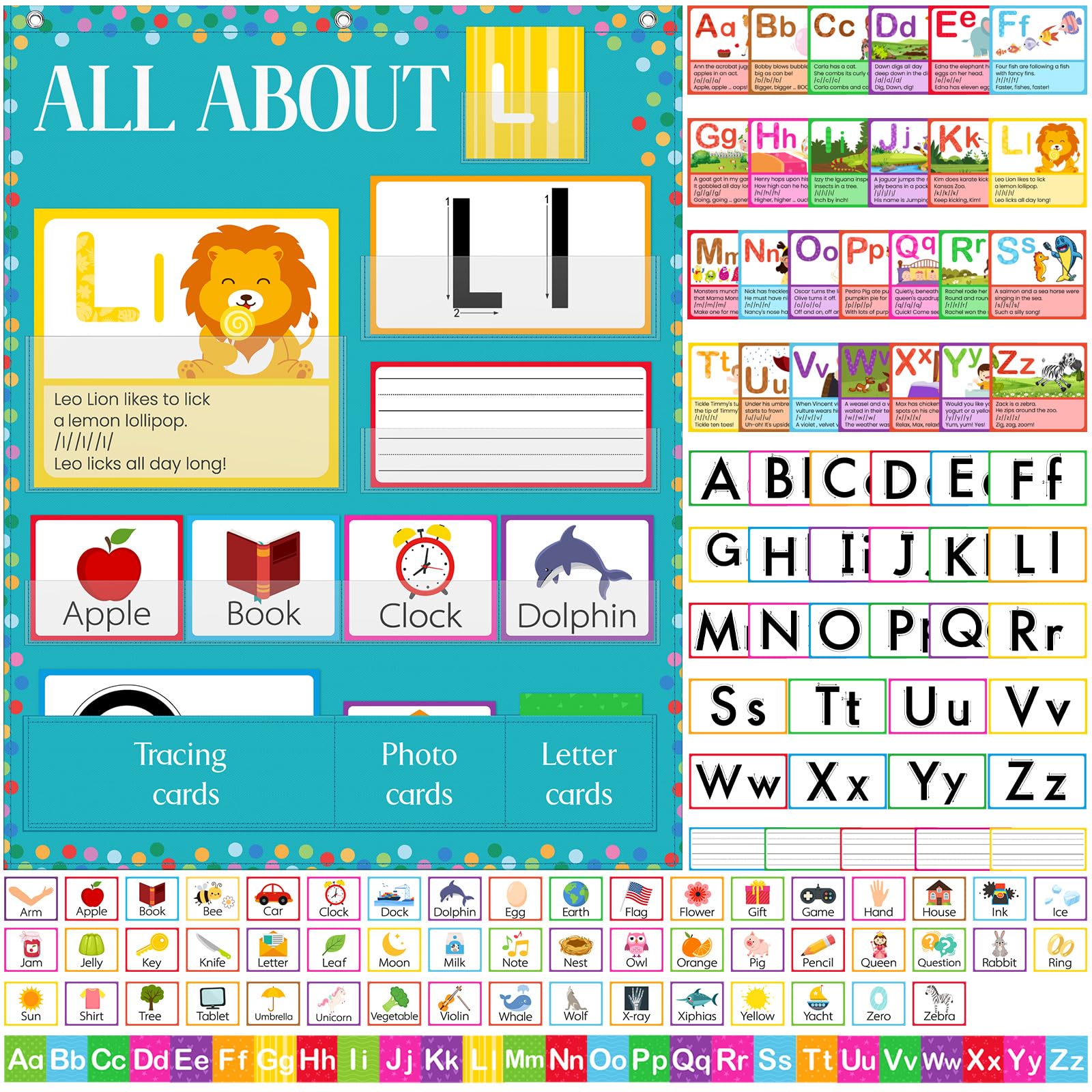 Motiskyy 34" x 27" All About Letters Pocket Chart Alphabet Learning Pocket Chart Letter of The Day/Week Activity Wall Alphabet Card for Homeschool Preschool Kindergarten Kid Learning(Blue, Delicate)