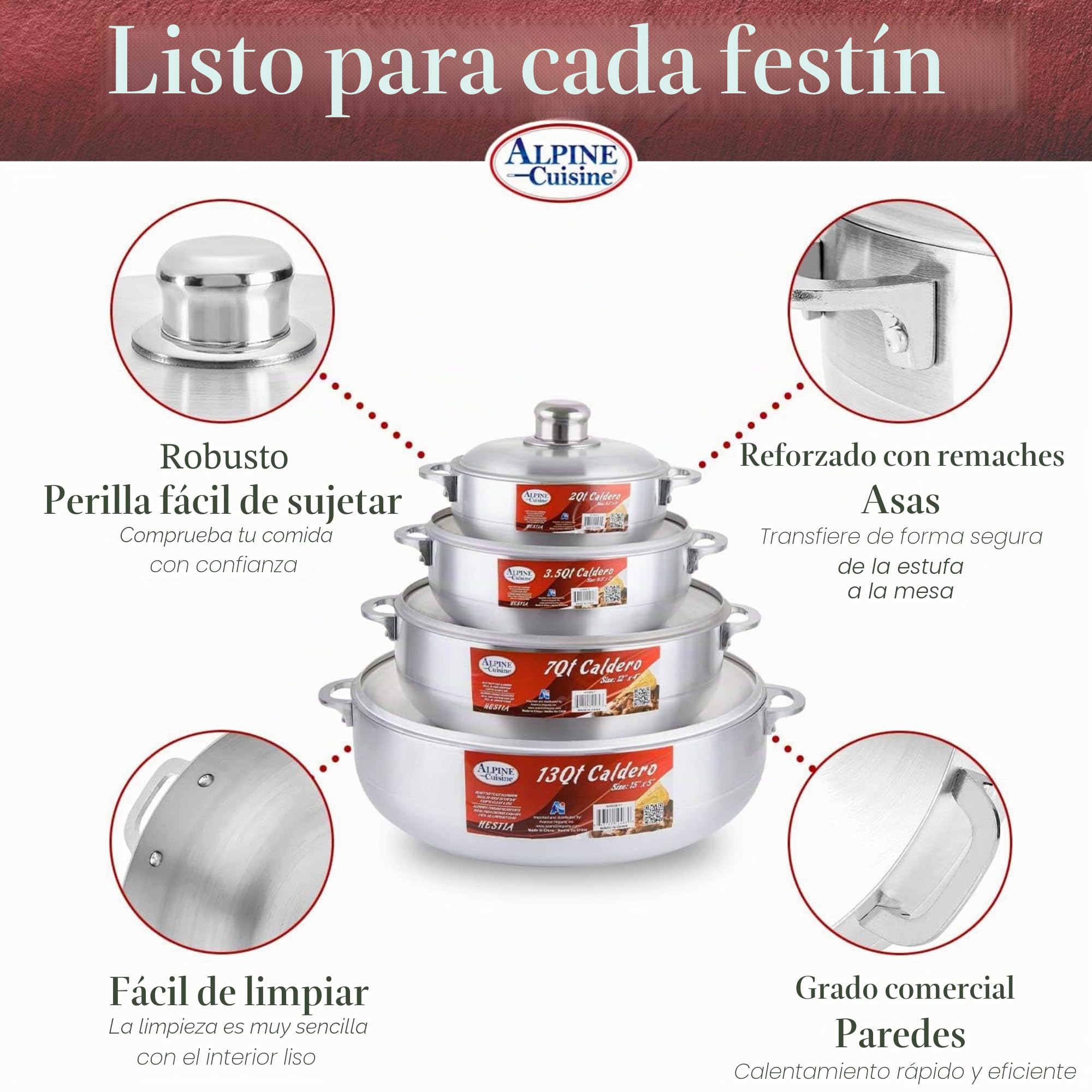 Alpine Cuisine AI-6928 Juego de ollas de aluminio Caldero (2/3.5/7/13 cuartos de galón), horno holandés de cocina coseno, plata