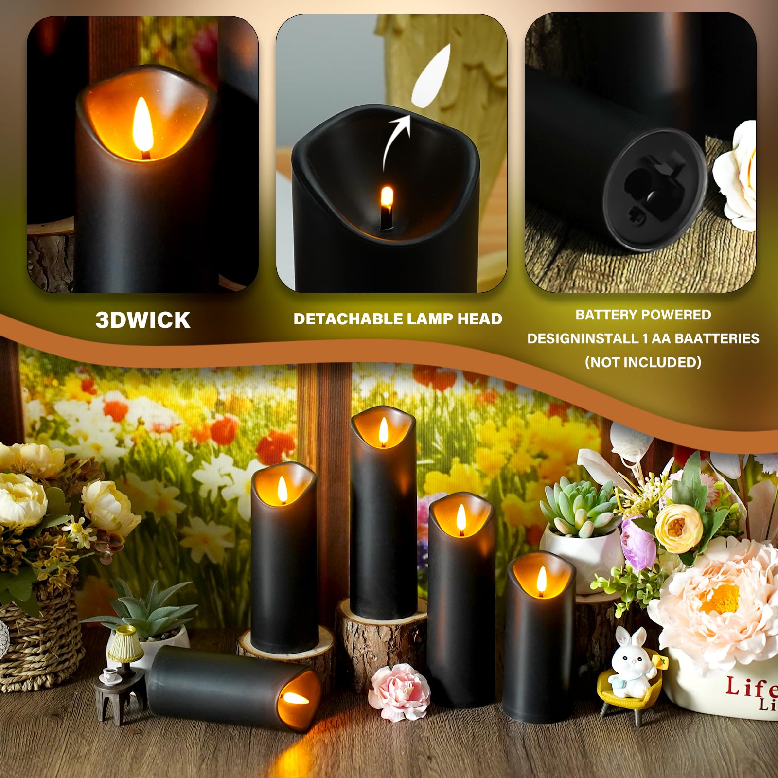 kakoya Lot de 24 bougies piliers LED sans flamme vacillante en plastique avec télécommande et minuteur Noir
