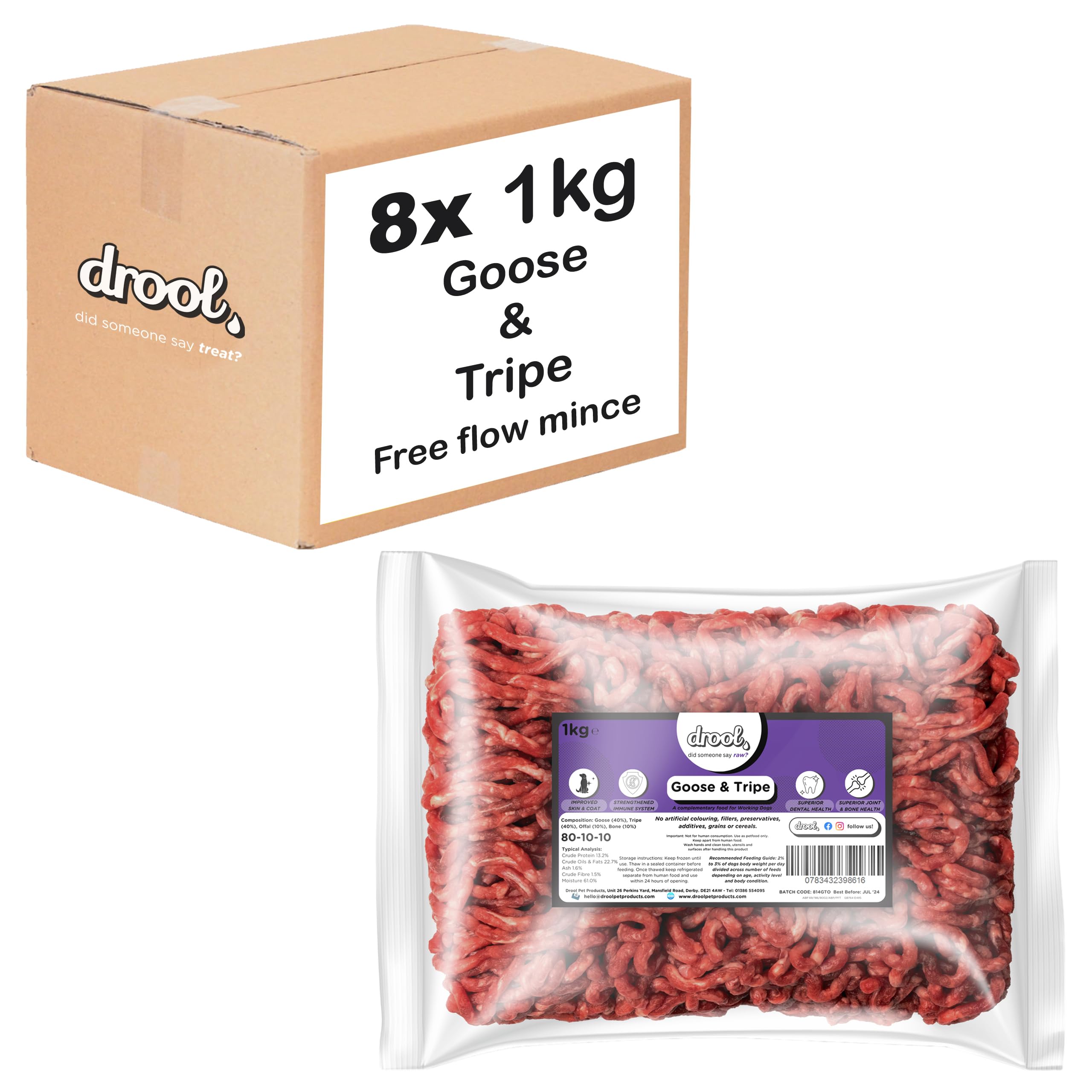 Drool Goose & Tripe Freeflow Mince 8 x 1kg | 100% Natural Raw Dog Food | Premium Raw | Frozen Dog Food for Optimal Canine Health — image 1