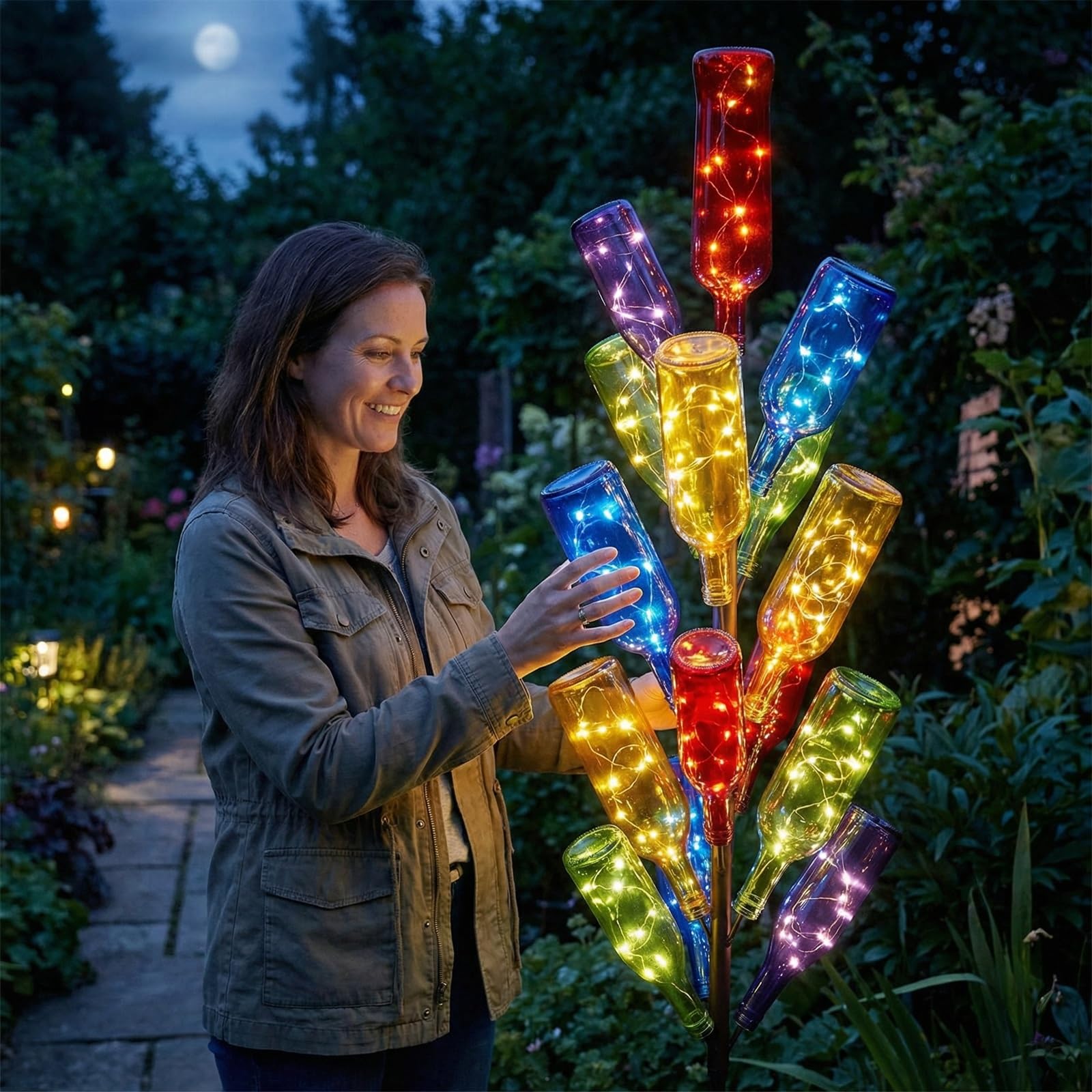 Zhehao 12 farbige Glasflaschen, bunte leere Weinflaschen, dekorative Glasflasche für Flasche, Baum, Garten, Hof, Outdoor, Heimdekoration (dunkles Regenbogenfarben, zylindrisch)
