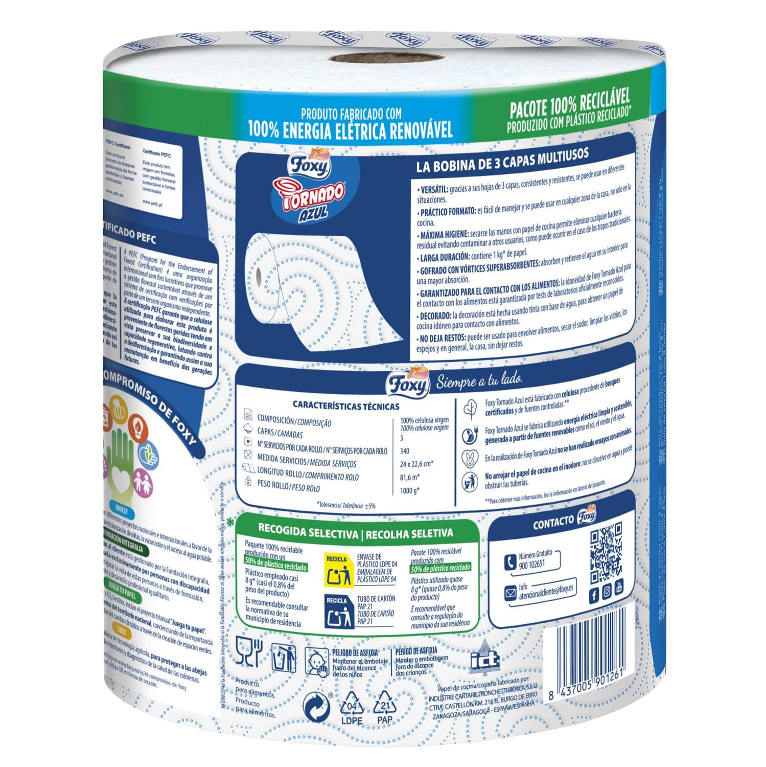 Foxy Tornado Blu Carta Multiuso, 1 Kg di carta (ciascuna), 340 servizi per ogni rotolo, Certificazione PEFC,Confezione riciclabile prodotta con plastica riciclata- 6 pezzi