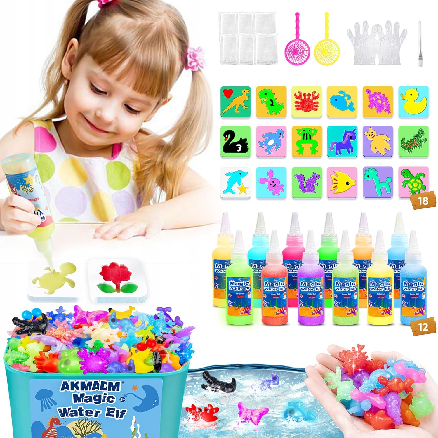 Magic Water Elf Toy Kit for Kids - Aqua Fairy Water Gel Kit - 12 Colors*60ml Squishy Maker Set - 18 Shape Molds - Arts & Crafts Water Elf Creation kit - Children's DIY Marine Life (12 Colors) 60ml-12colors