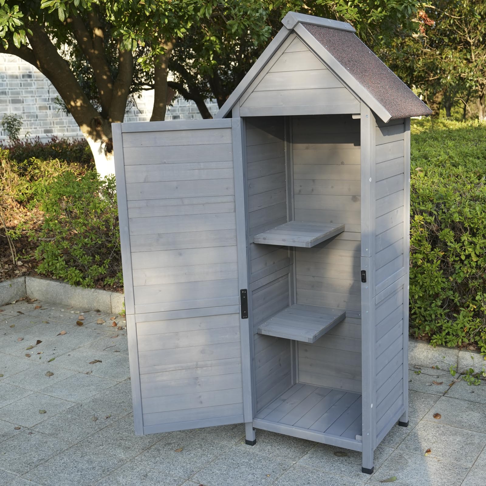Armoire de jardin d'extérieur grise à 3 étagères, ferrures de porte de haute qualité, toit en asphalte