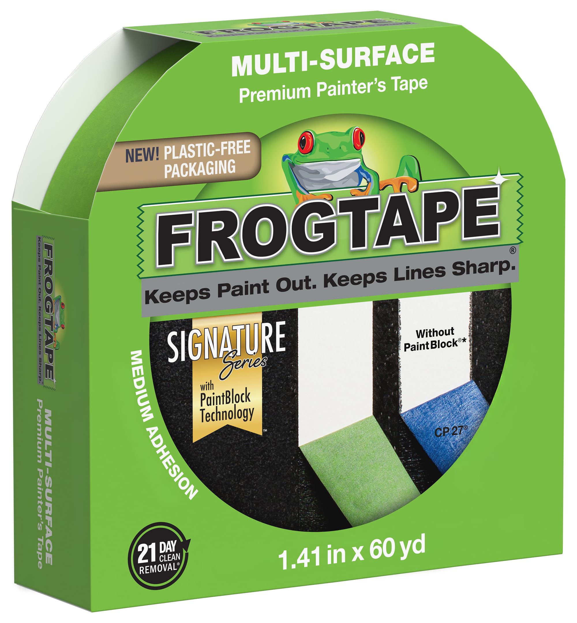 FROGTAPE 1358465 Multi-Surface Painter's Tape with PAINTBLOCK, Medium Adhesion, 1.41" Wide x 60 Yards Long, Green