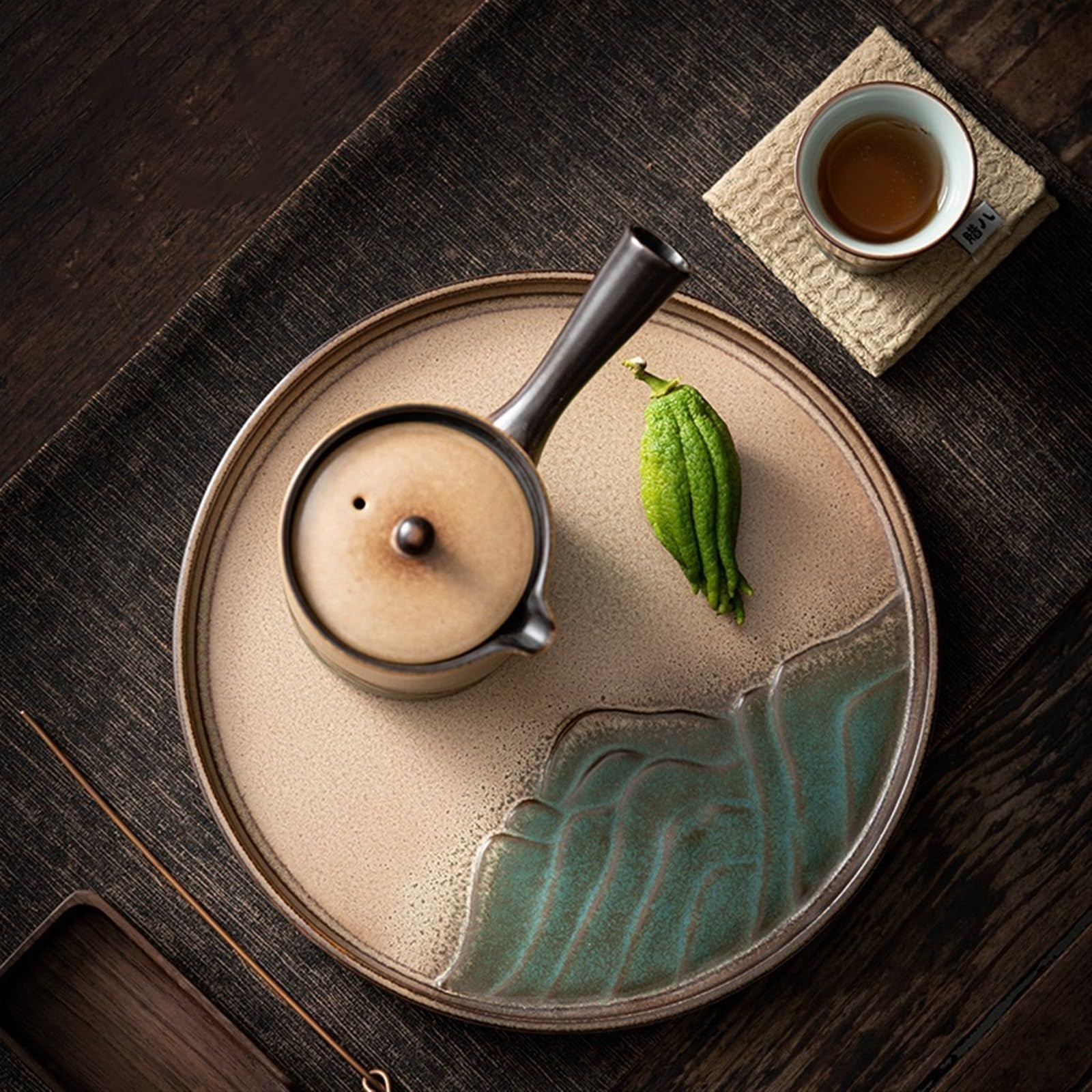 Zestaw do herbaty Gongfu w stylu retro, okrągła taca na herbatę, ceramiczna taca do przechowywania herbaty Kung Fu w stylu chińskim, surowa ceramika, taca z bańkami mydlanymi, kreatywny mały stolik