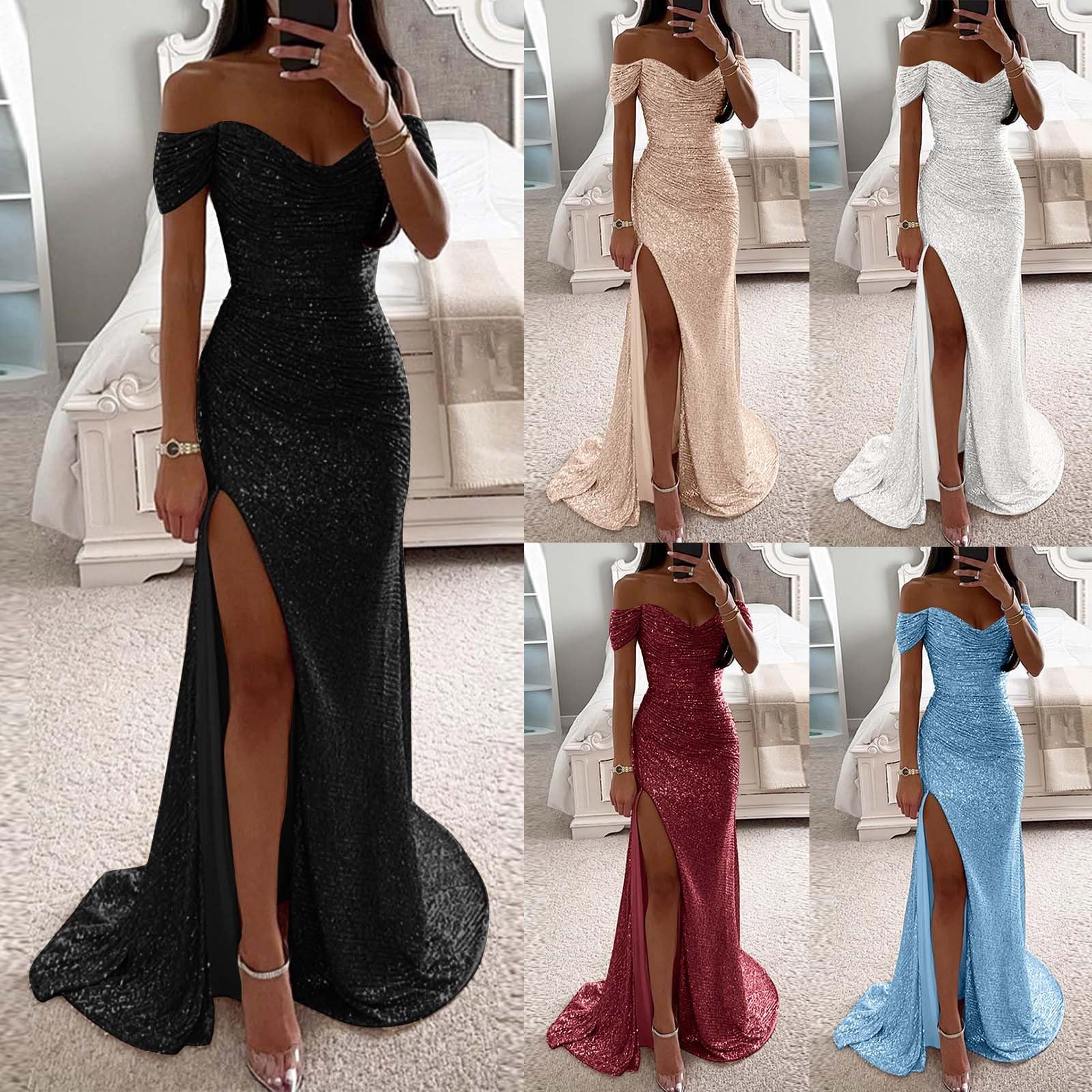 Abito da donna a forma di sirena, senza spalline, sexy, linea A, con paillettes, in tulle, con fessura, abito da ballo lungo, alla moda, per feste