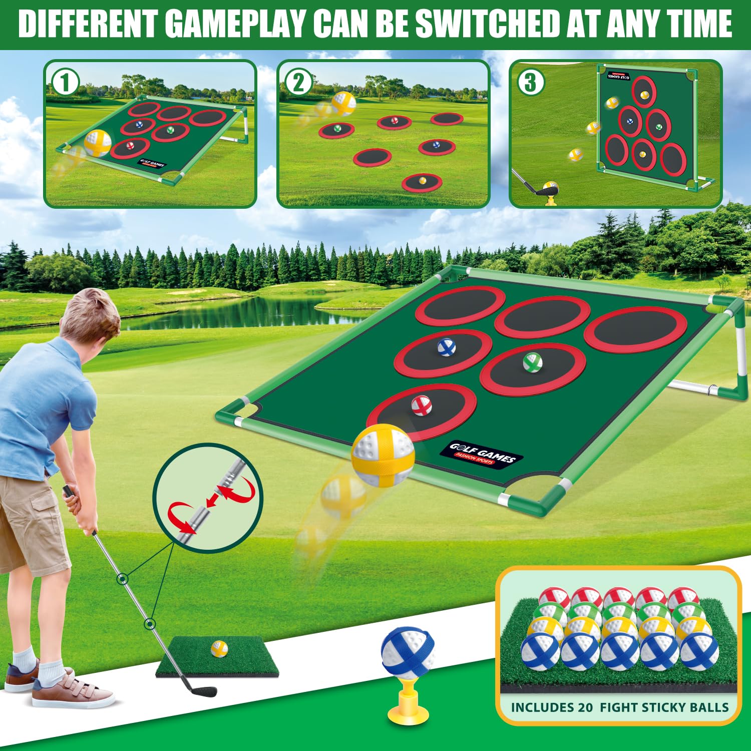 Mostop Juego de juego de golf – Juego de Cornhole para patio trasero incluye alfombrilla de putt, 20 bolas adhesivas, 6 fundas de agujero, bolsa de transporte, juegos de patio de golf para adultos