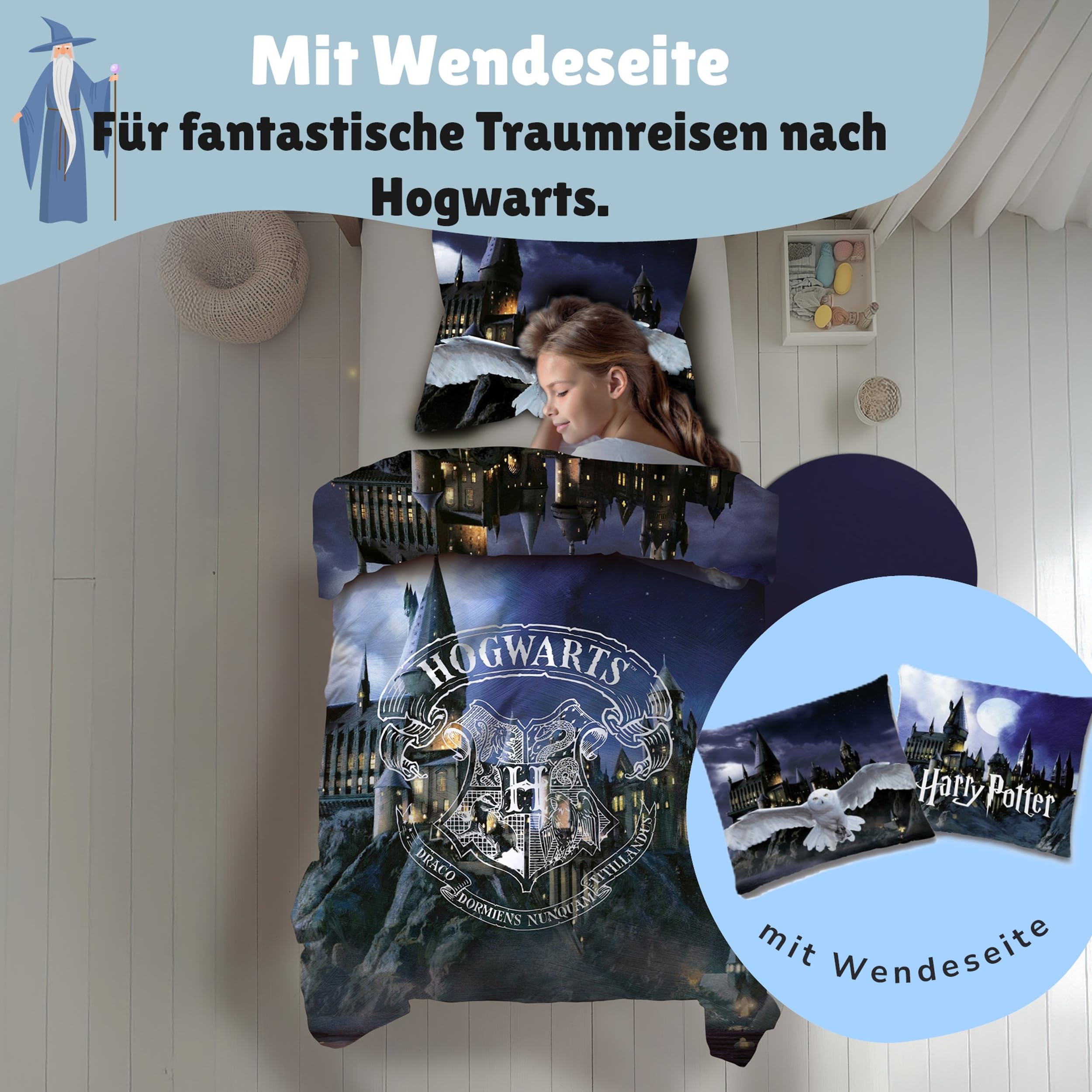 Familando – Harry Potter Bettwäsche-Set (2-teilig) – Decken- & Kissenbezug 135x200 cm & 80x80 cm mit Reißverschluss – Flanell aus 100% Baumwolle – Wendemotiv Hedwig & Hogwarts – Öko-TEX Zertifiziert