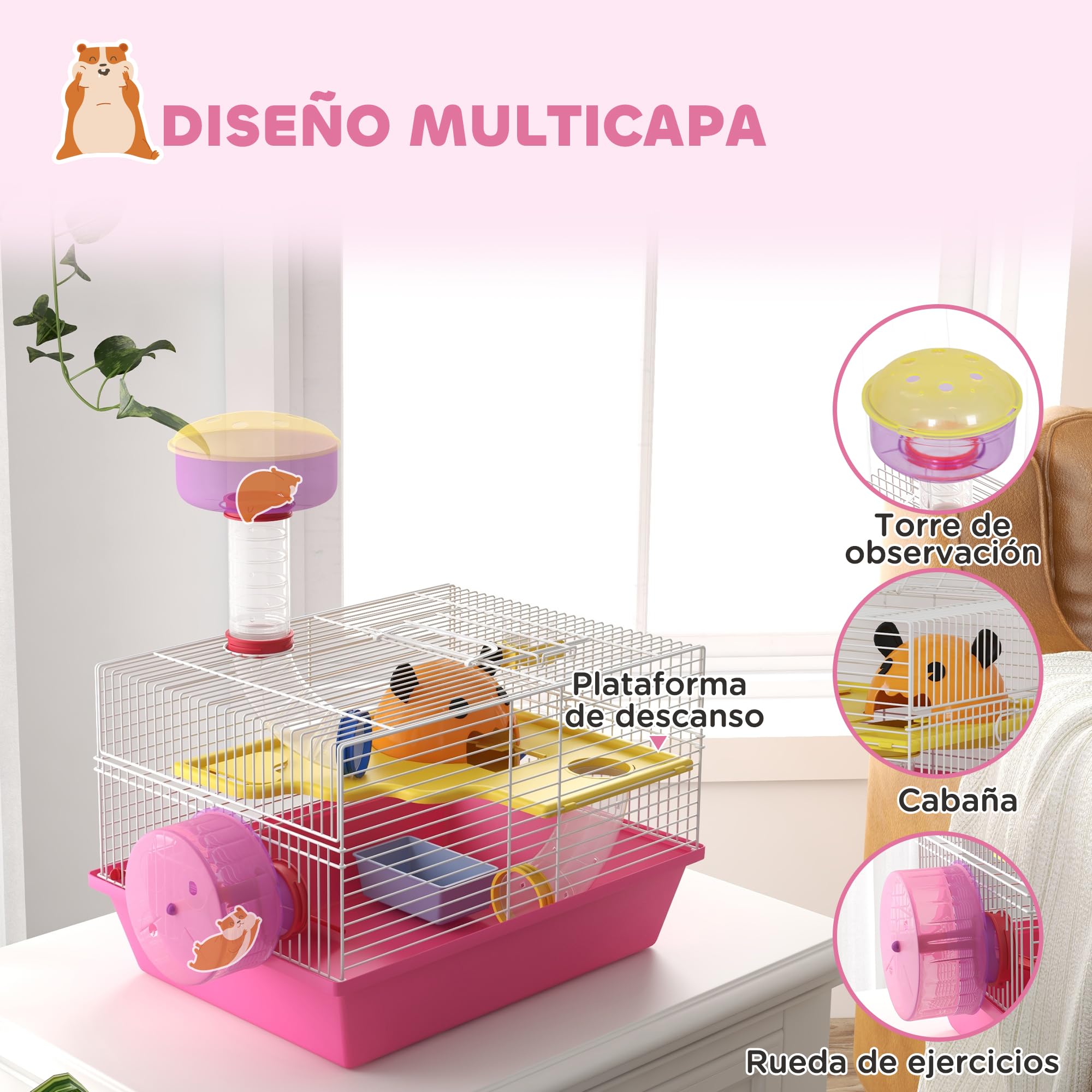 PawHut Jaula para Hámster Casa para Animales Pequeños con Rueda de Ejercicio Casita Cuenco Bebedero Torre de Observación 34x27x25 cm Rosa