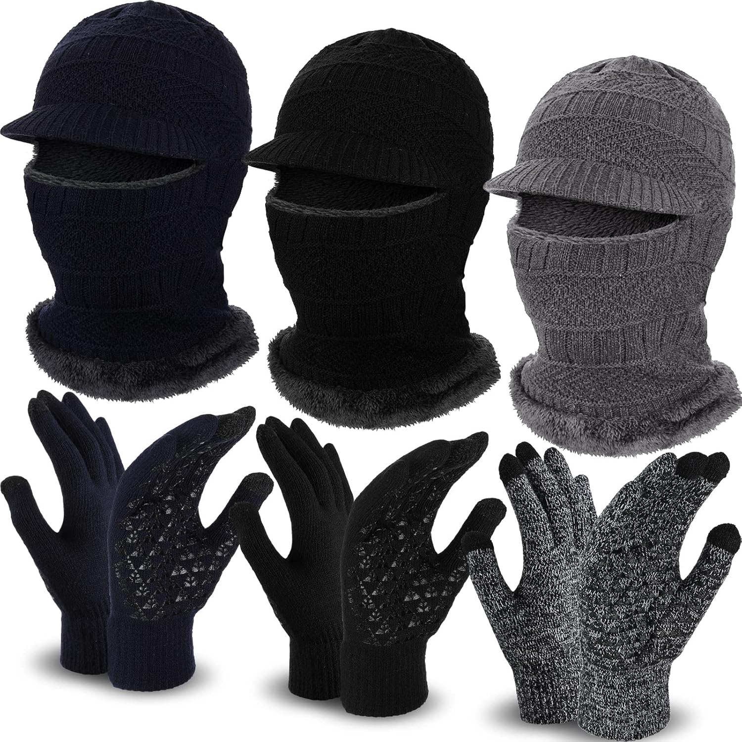 6 Pcs Winter Knit Balaclava Hat Anti Slip Touch Screen Mittens Set Winter Knitted Balaclava Beanie Knitted Winter Hat Thermal Winter Gloves for Men Women Outdoor Sports