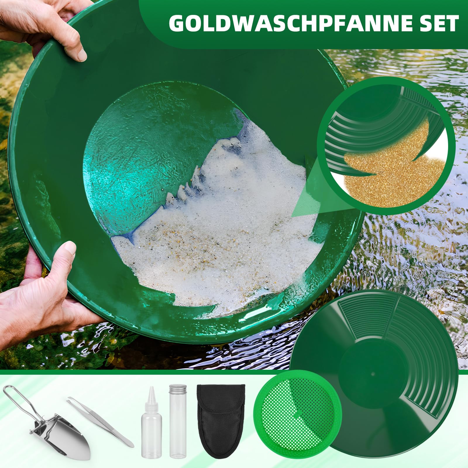 Kit Orpaillage 38.5cm Batee Orpaillage Gold Pan Rampe avec Tamis Plastique pour Chercheur d'Or Vert