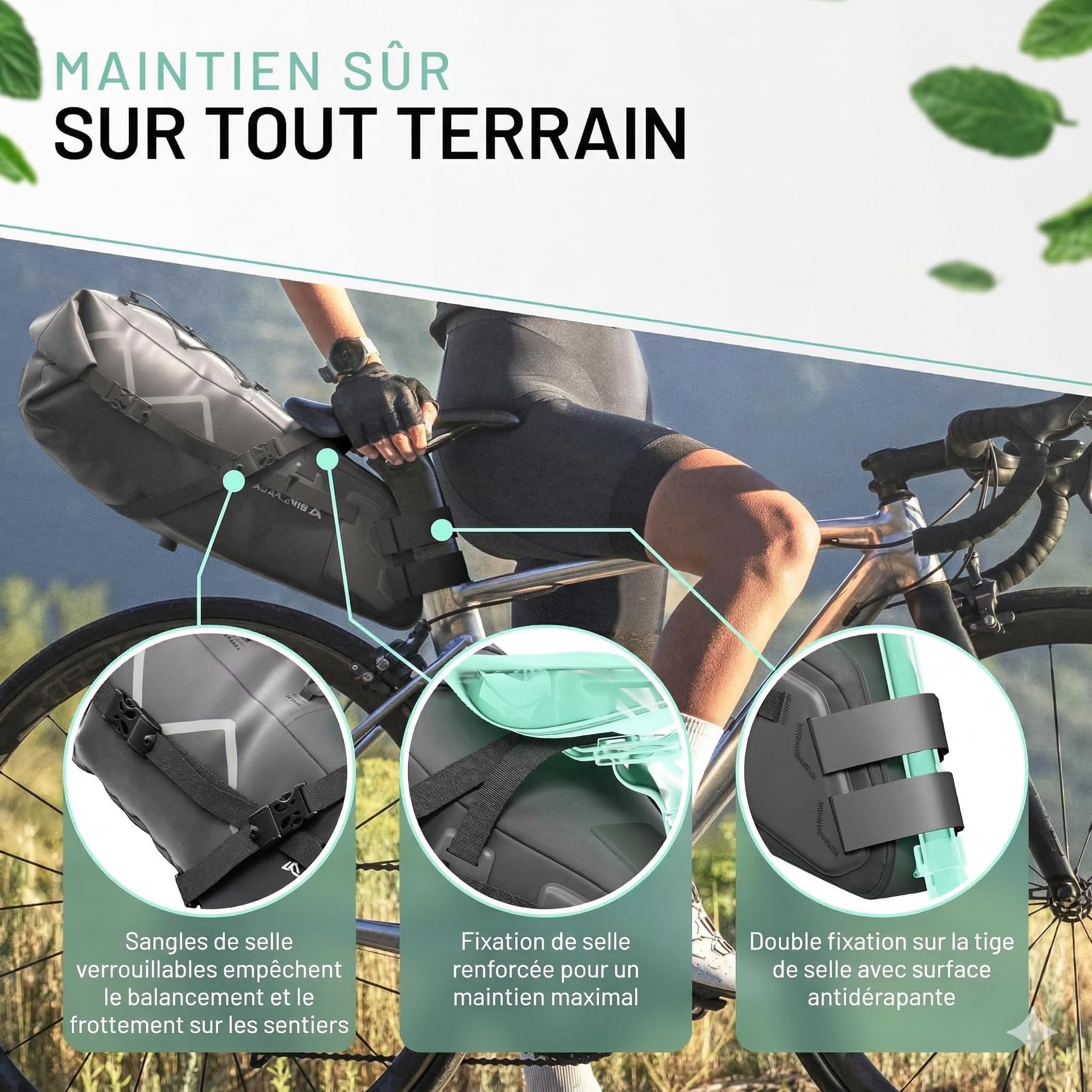 BIKEPACK Sacoche de Selle Vélo 15L Étanche - Bikepacking Gravel Route VTT | Sacoche vélo sans porte-bagages: rolltop 100% étanche, fixation sans outil, sacoche bikepacking pour gravel, route et VTT