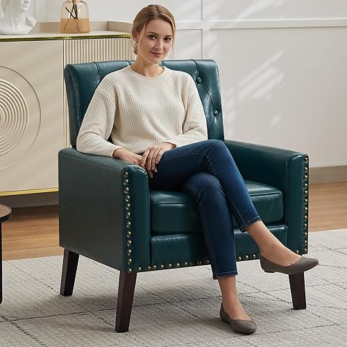 Miniatura 4 de Silla decorativa moderna de mediados de siglo, silla de oficina de piel sintética azul para recepción, silla de club de cuero azul para sala de