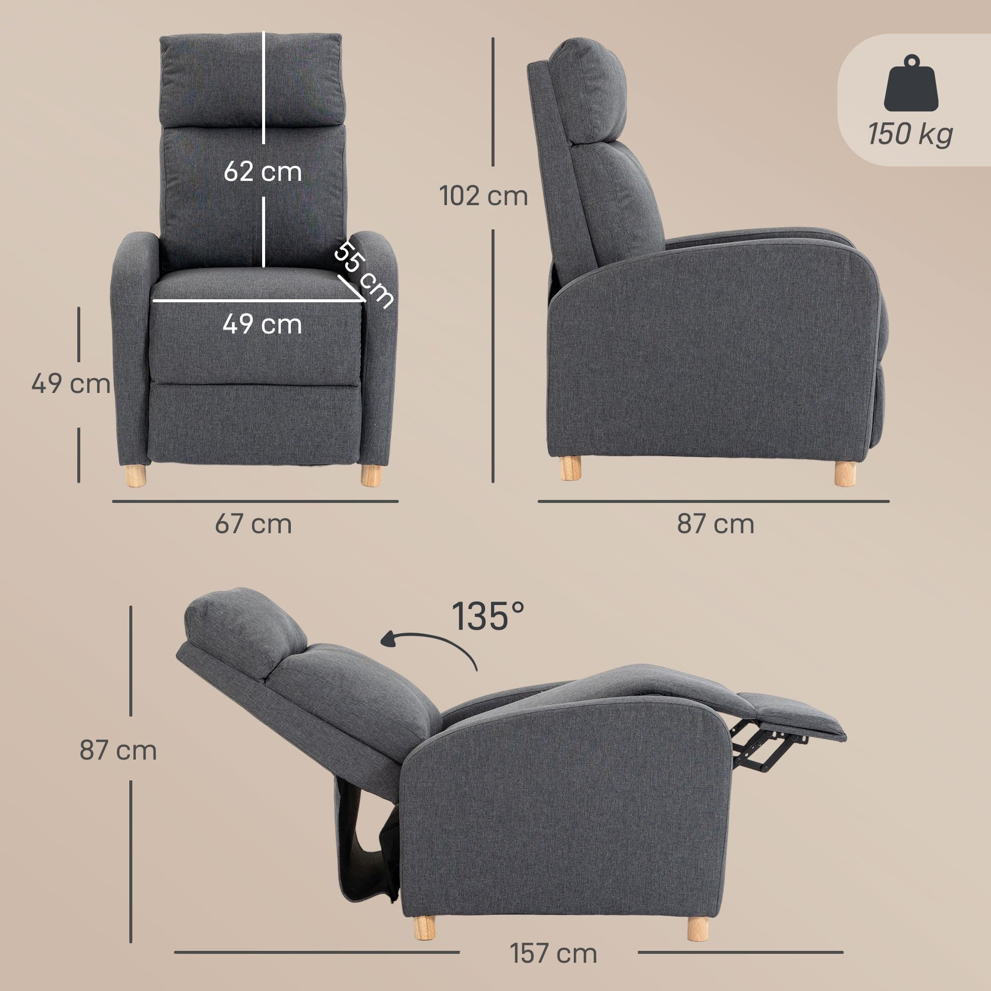 HOMCOM Poltrona Relax Reclinabile Manuale 135° con Poggiapiedi Grigio Scuro | Poltrona Reclinabile Ergonomica, Imbottita in Tessuto Effetto Lino, Gambe in Legno, per Soggiorno e Camera, 67x87x102cm