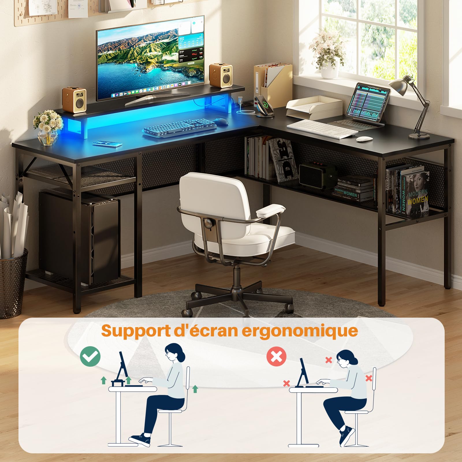 iSunirm Bureau Gaming en Forme de L,141 x 117 x 76 cm Bureaux à Domicile avec LED et Prises,Bureau d’Angle avec Étagères Rangement pour Etudier Travailler Chambre Domicile,Noir