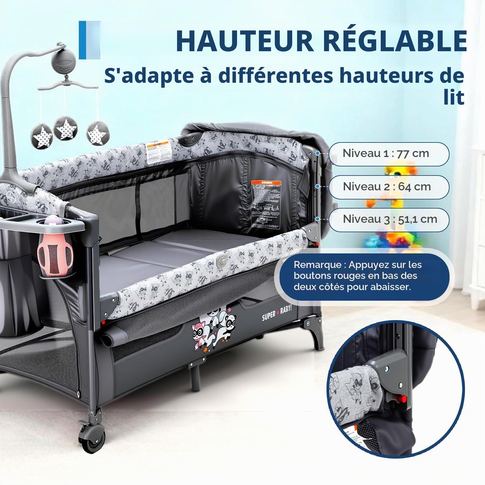 5 en 1 Lit Bébé Pliable,Réglables en Hauteur, Aucune Installation Nécessaire,Jouets,Table à Langer, Super Forte Charge Porteuse, Facile à Voyager, Moustiquaire, De La Naissance à La Petite Enfance
