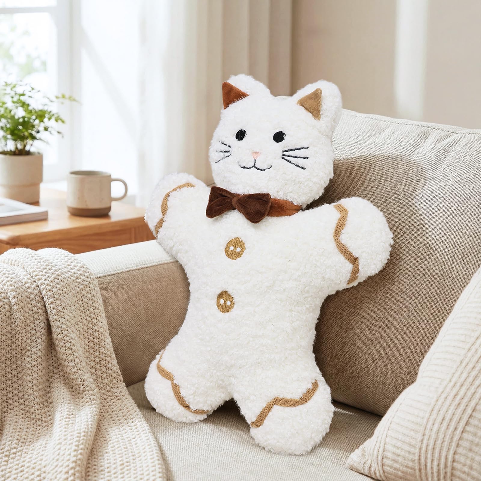 17 Inch White Cat Shaped Pillow for Girls Boys Cozy Teddy Faux Fur Stuffed Animal Cute Decorative Throw