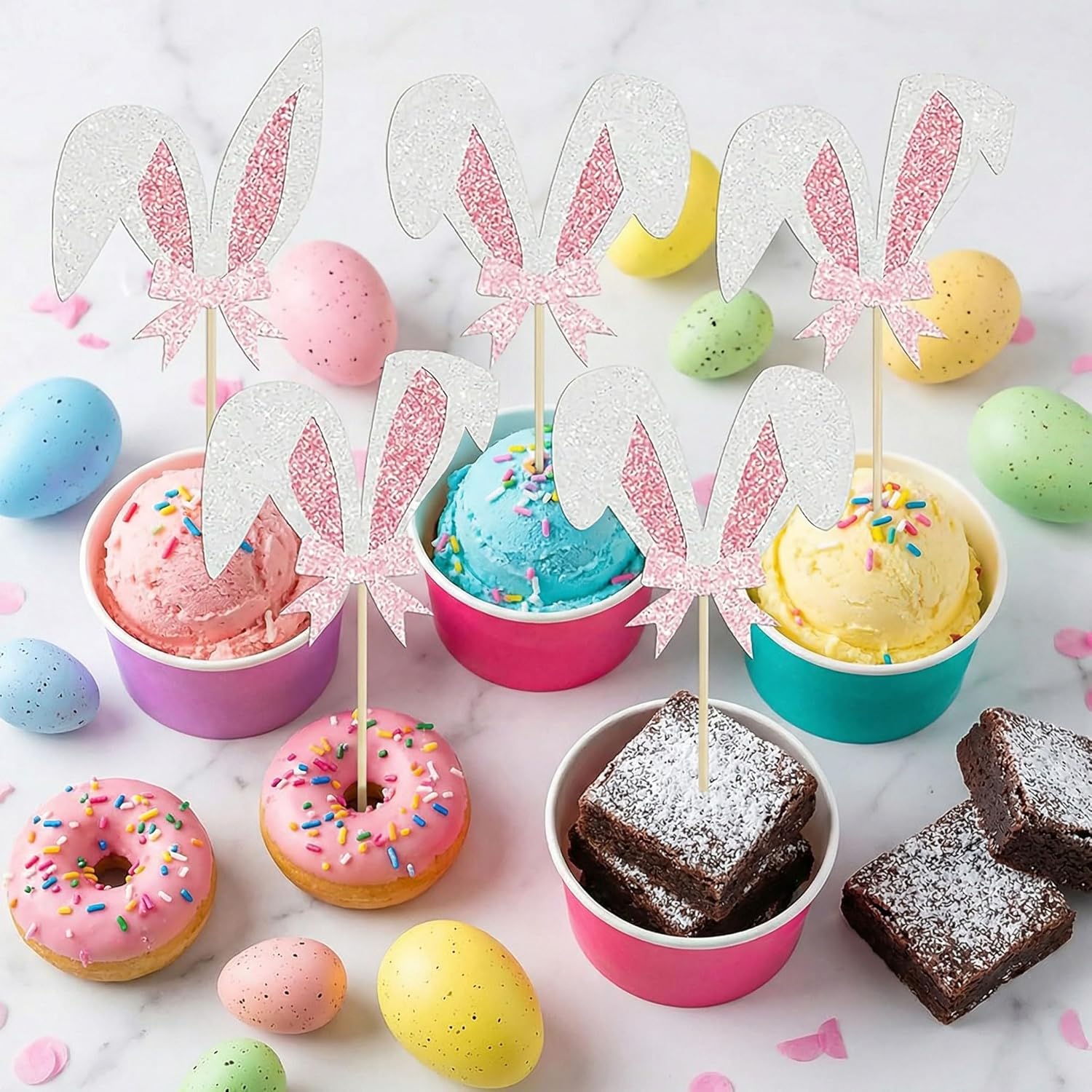 24 Pcs Easter Bunny Ear Cupcake Toppers Glitter Rabbit Ears Cupcake Picks Easter Day Cupcake Toppers Rabbit Egg Cake Toppers for Spring Birthday Baby Shower Party Supplies