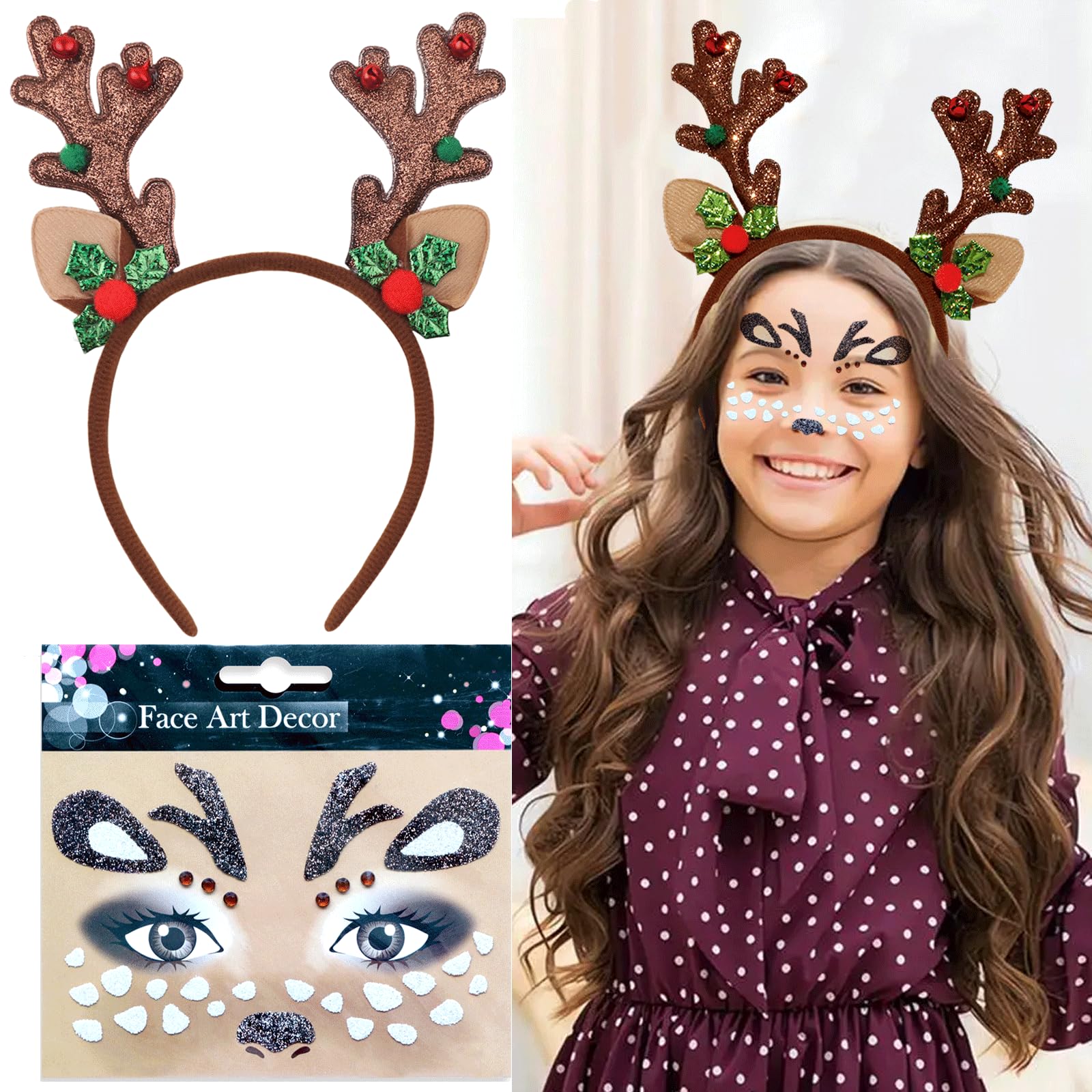 Roffiy Christmas Headbands,Brown Reindeer Antlers Headband + Deer Face Sticker Glitter Elk Hairband for Women Girls Christmas Party Supplies
