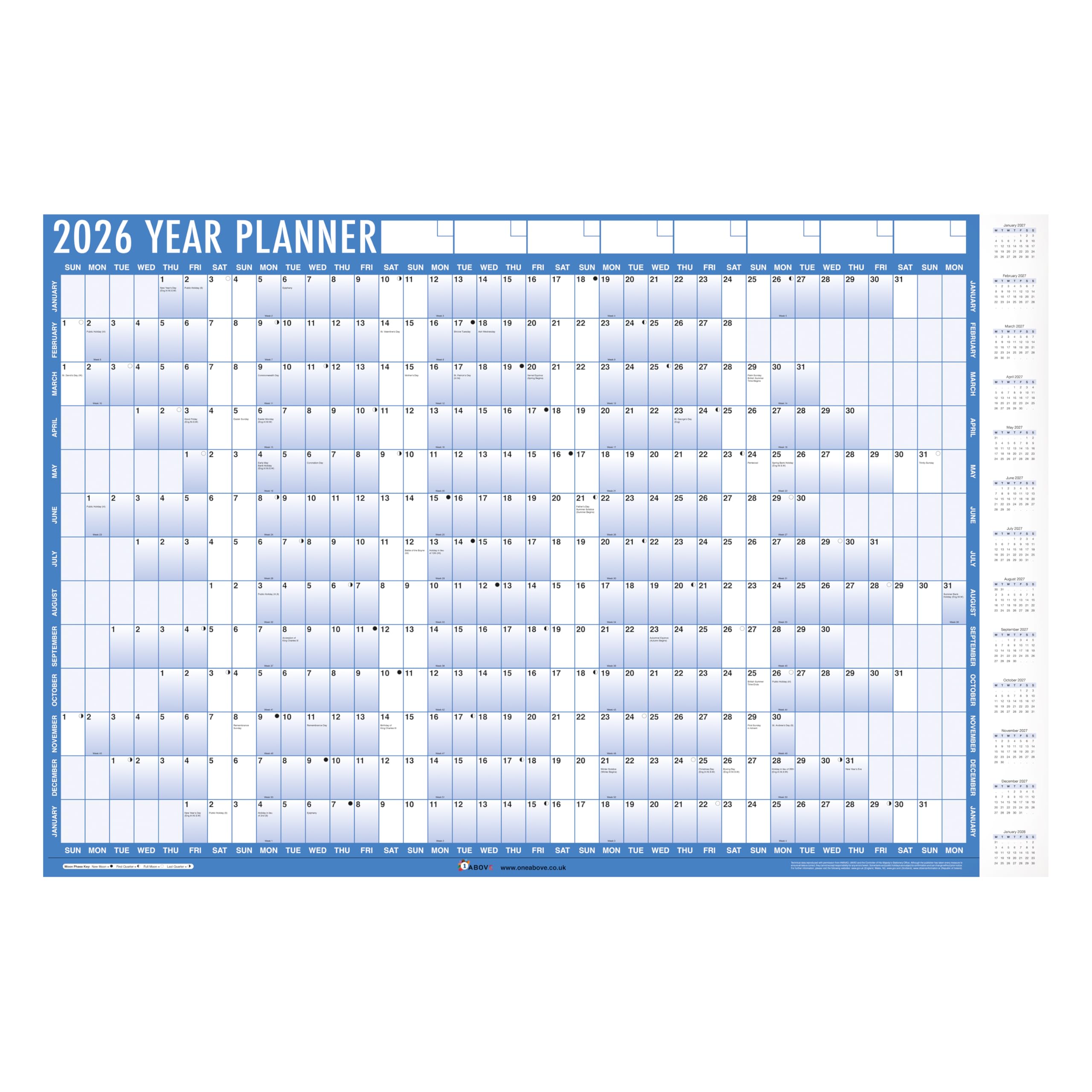 2026 A1 Wall Planner – Large 85cm x 58cm Laminated Year Calendar with Stickers, Adhesive Dots & Dry Wipe Pen – Blue & White | Reusable Wall Chart for Home, Office or School
