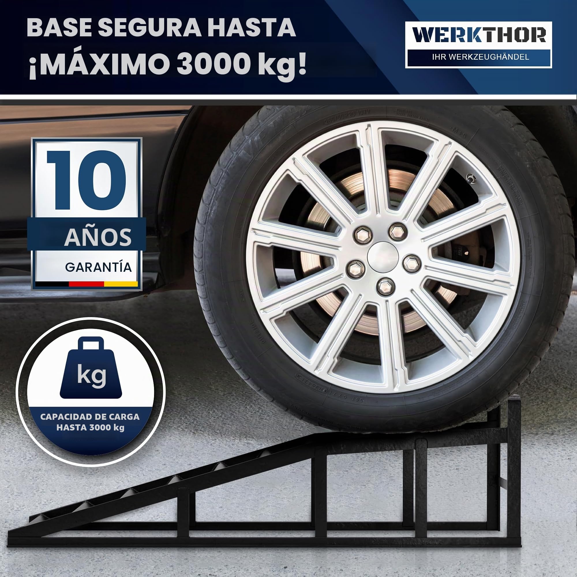 WERKTHOR Rampa de carga para coches de metal - [Set de 2] Rampas de carga para máxima sujeción [<3t] - Rampa de auto de alta capacidad para cualquier superficie - Rampas de auto 2 piezas